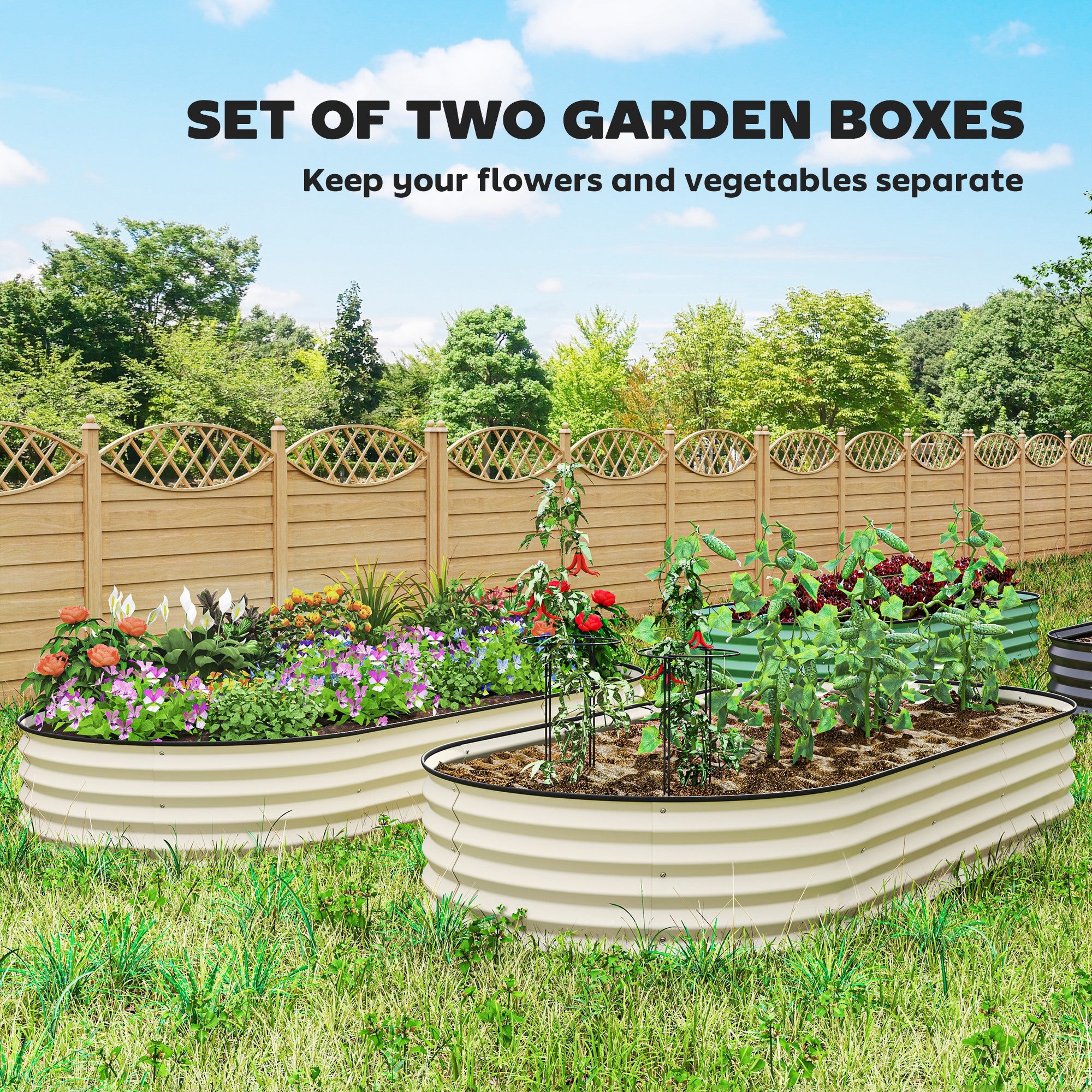 7' x 3' x 1' Raised Garden Bed Set, 2PCS Raised Beds for Gardening with Metal Plant Stakes, Cream White - Cream White - Image 4