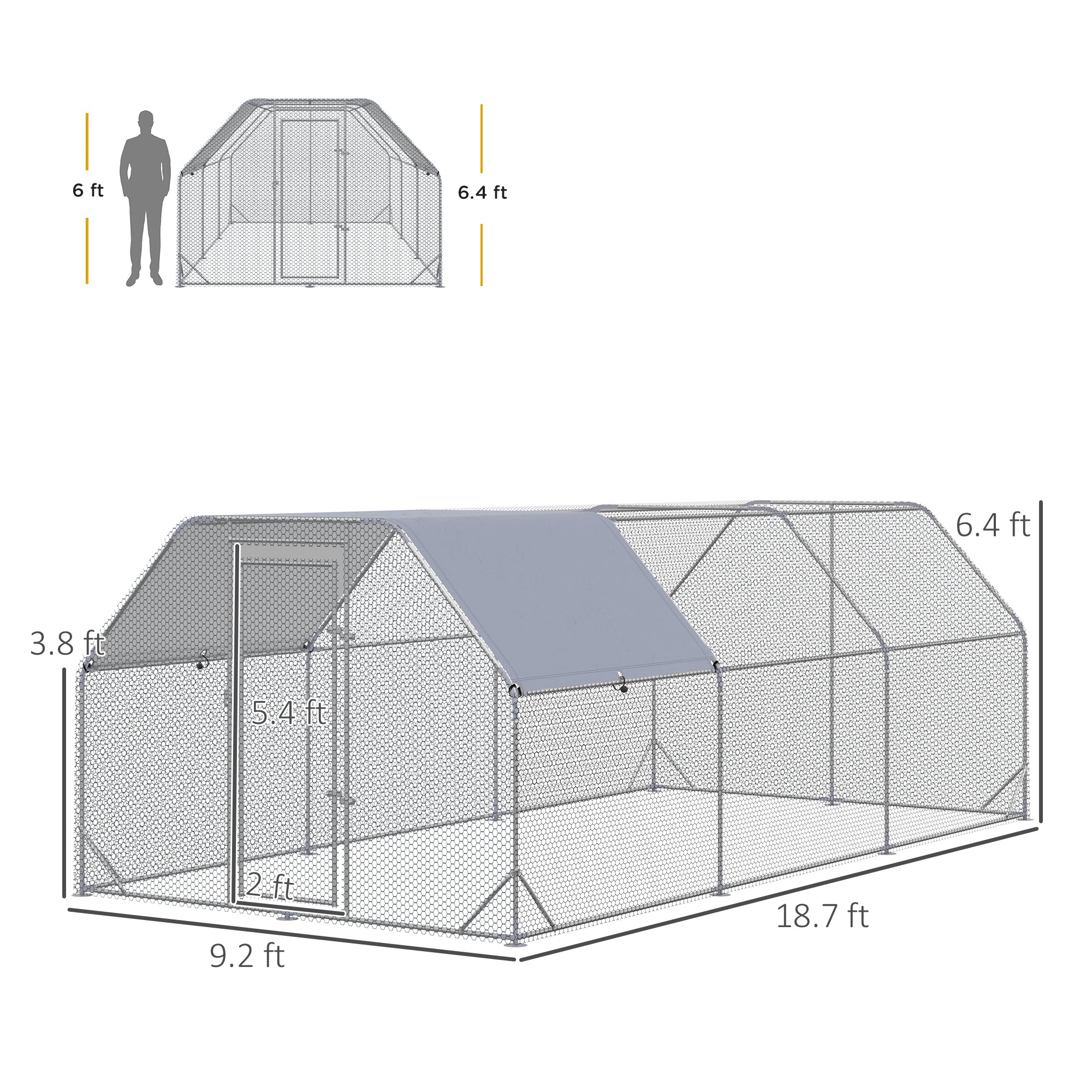 Large Chicken Coop Metal Chicken Run with Waterproof and Anti-UV Cover, Flat Shaped Walk in Fence Cage Hen House for Outdoor and Yard Farm Use, 1" Tube Diameter, 9.2' x 18.7' x 6.4' - Silver - Image 3