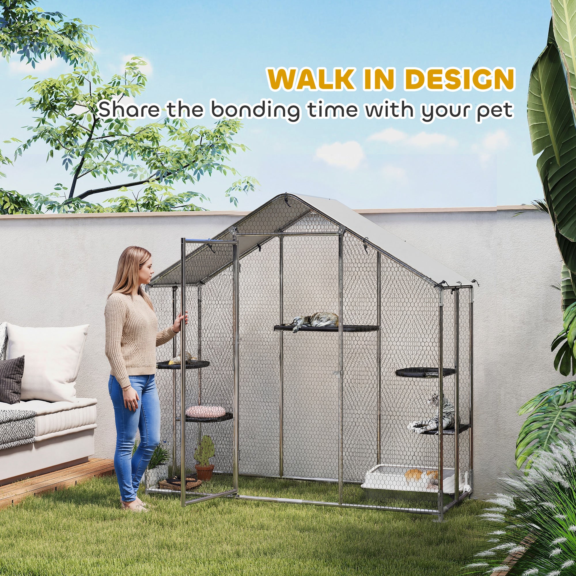 Large Catio Outdoor Cat Enclosure with Waterproof Cover, Walk-in Cat Patio w/ 5 Adjustable Platforms & Hammock - Silver - Image 4