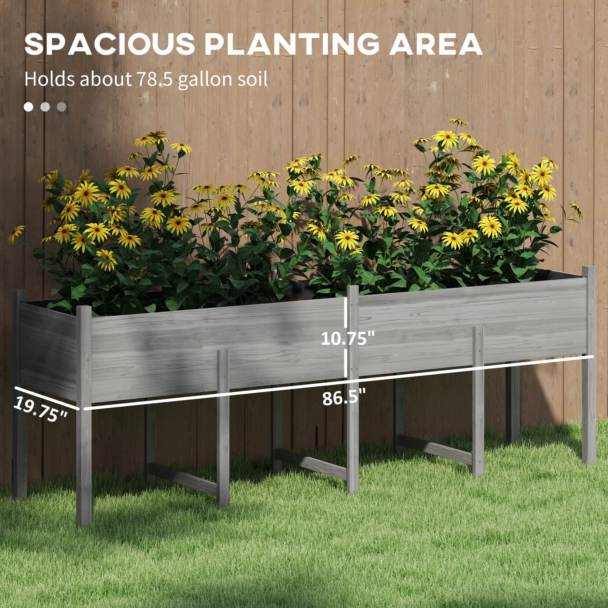 Wooden Raised Garden Bed, Large Elevated Planter Box with Legs, Bed Liner and Drain Holes, 7.4' x 1.8' x 2.6', Gray - Gray - Image 4