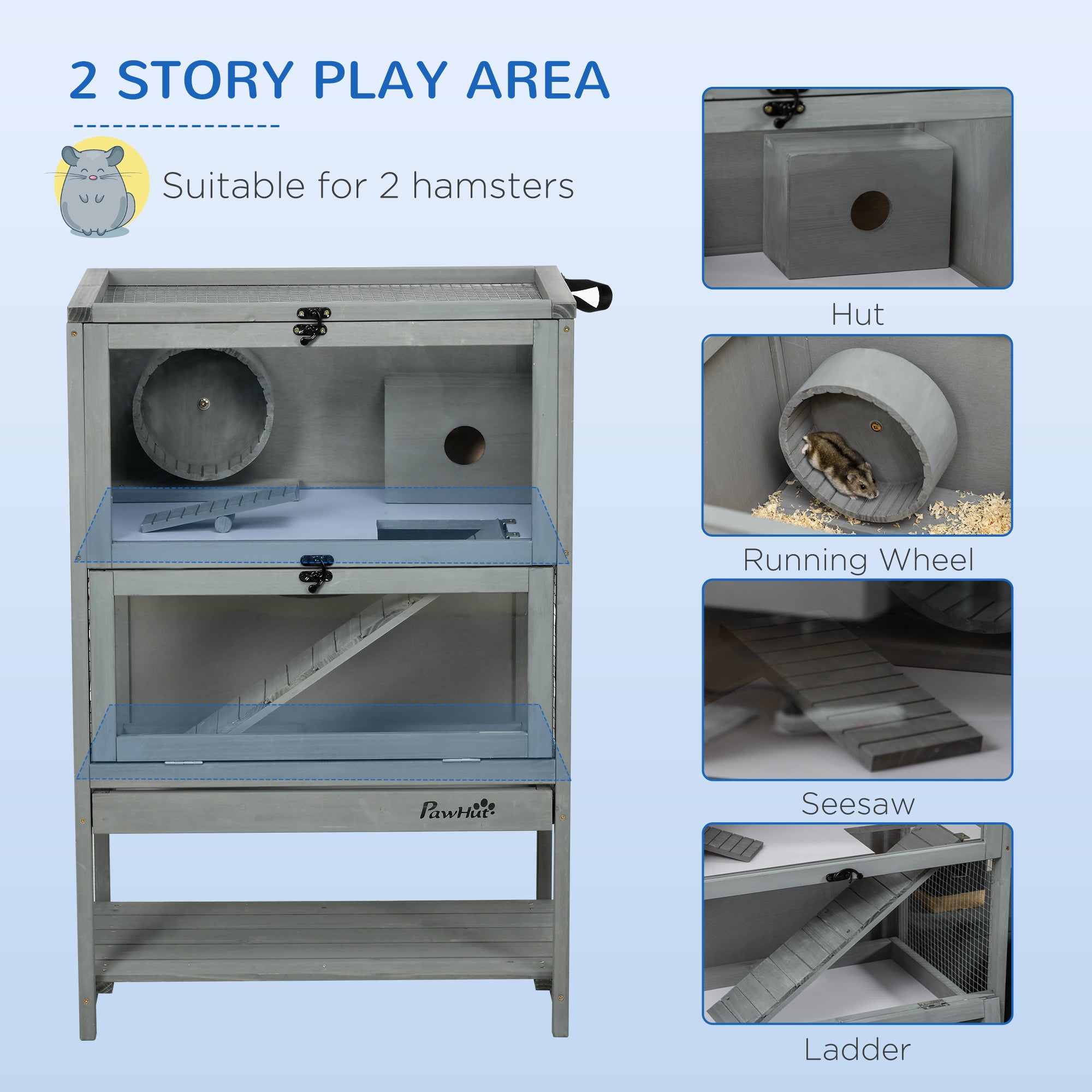 Wooden Hamster Cage with Storage Shelf, Large Rat Mouse Habitat Including Seesaw, Small Animal Cage with Sliding Tray, Wide Ramp for Racing, Running Wheel, 35.5" H - Grey - Image 4