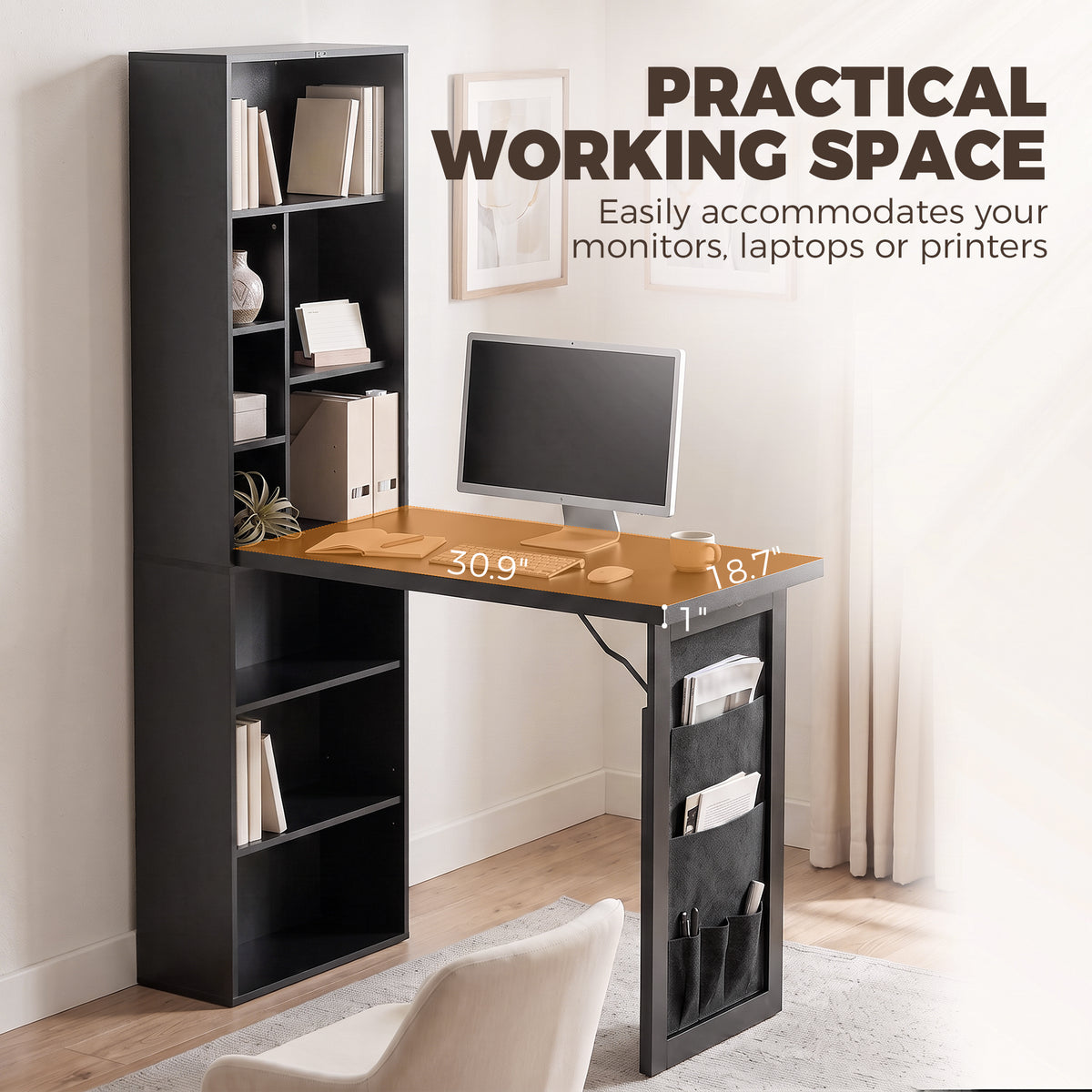Foldable Convertible Writing Table with Storage Shelves, Bag, Wall-Mounted Space-Saving Computer Desk, Black