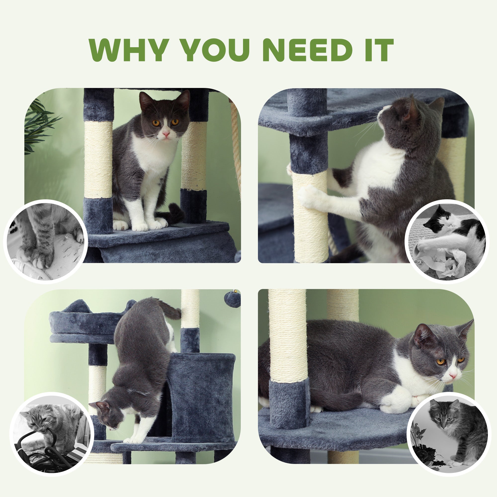 81" Cat Tree w/ Cat Scratching Posts, Scratching Board, Condos, Beds, Hammocks, Toy Balls, Rope Cat Toy, Gray - Dark Gray - Image 7
