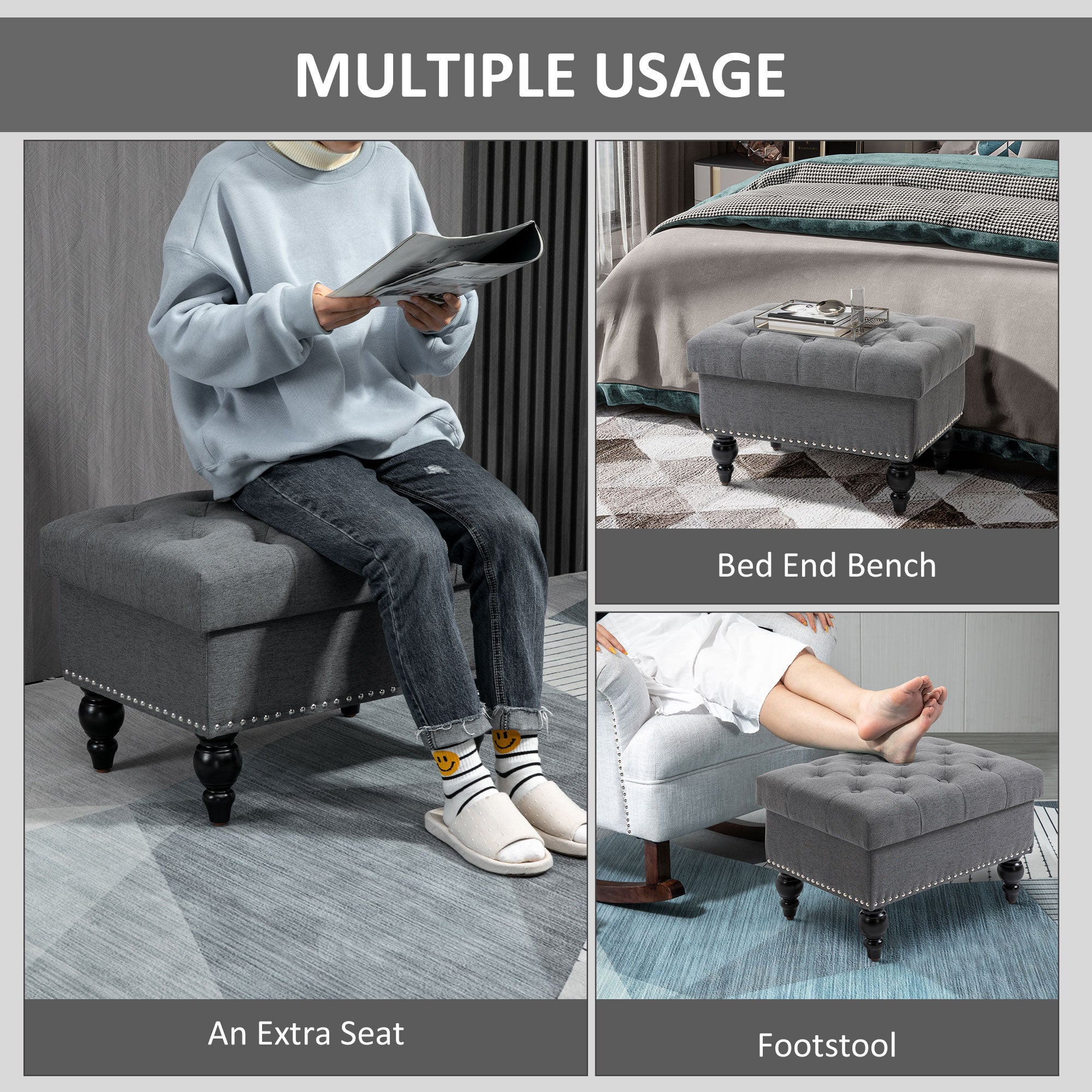 Ottoman with Storage for Living Room, 25" Storage Ottoman with Removable Lid, Button-Tufted Fabric Bench for Footrest and Seat with Wood Legs, Gray