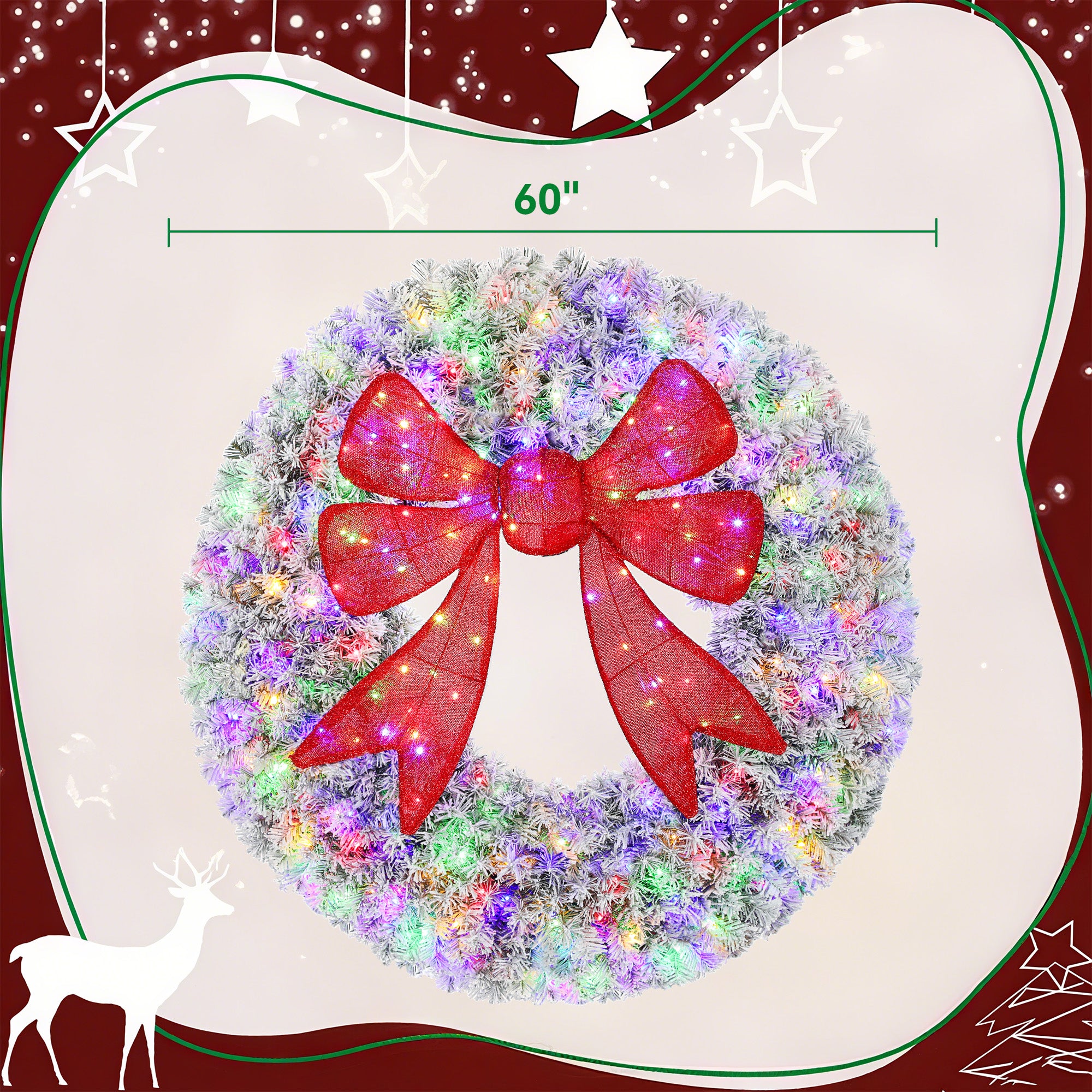 60in Flocked Pre-Lit Christmas Wreath with 3D Red Bow, 11 Lighting Modes, Front Door Christmas Wreath with Remote