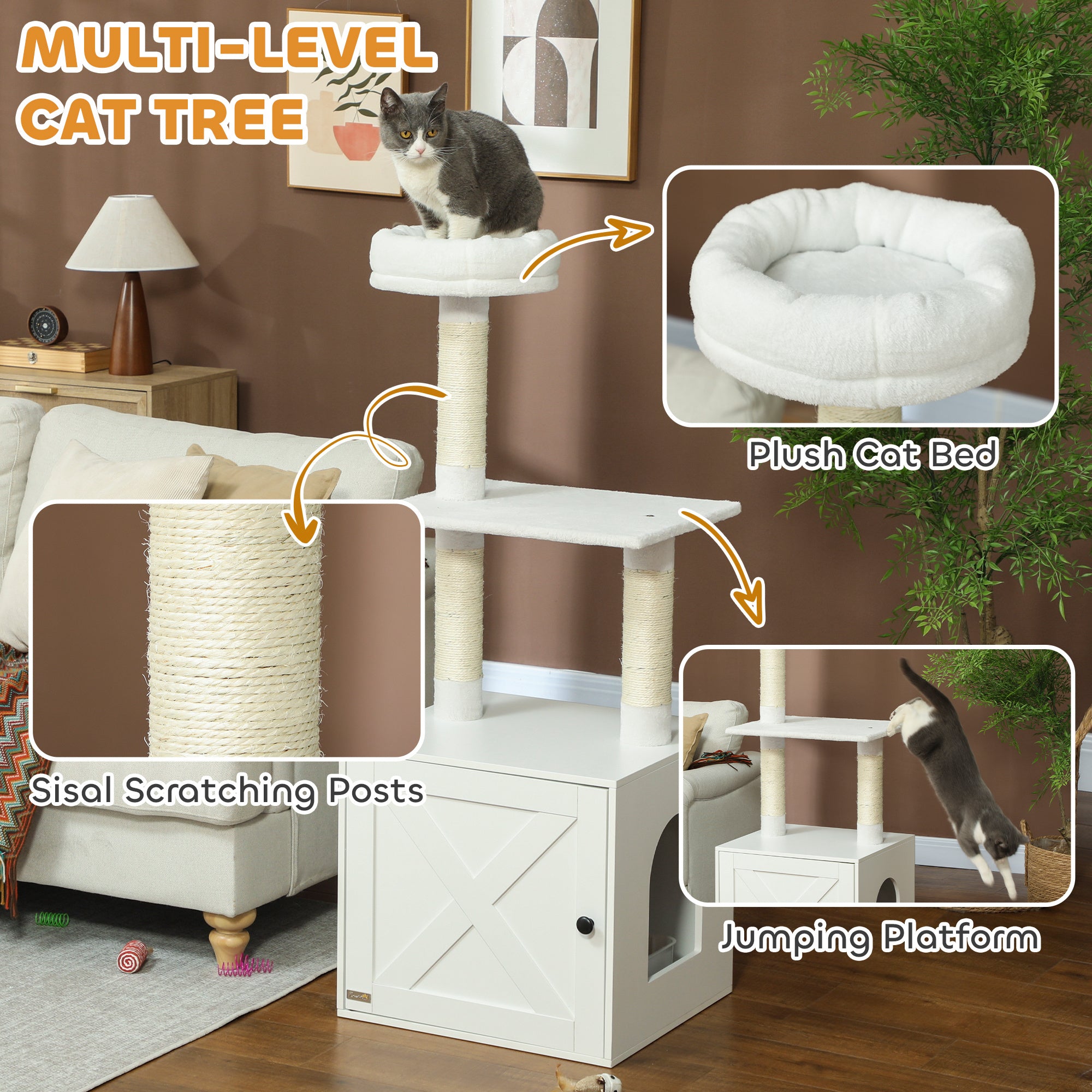 Cat Tree with Litter Box Enclosure, Scratching Posts, Bed, Climbing Platforms for Indoor Cats, White - White - Image 6