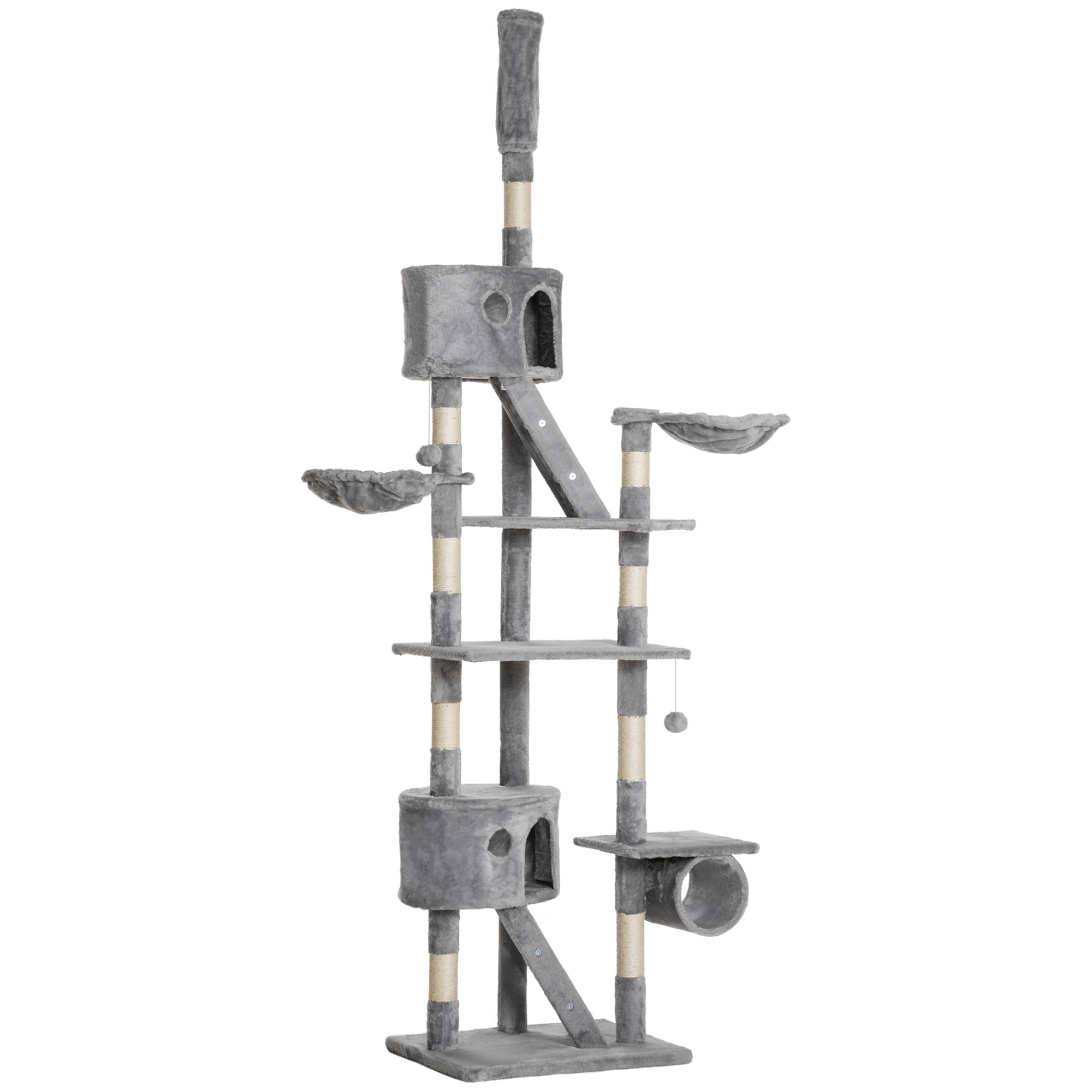 Floor to Ceiling Cat Tree, 94.5-102.5 inch Height Adjustable Cat Climbing Tower with Scratching Posts, Condos, Hammocks - Light Gray