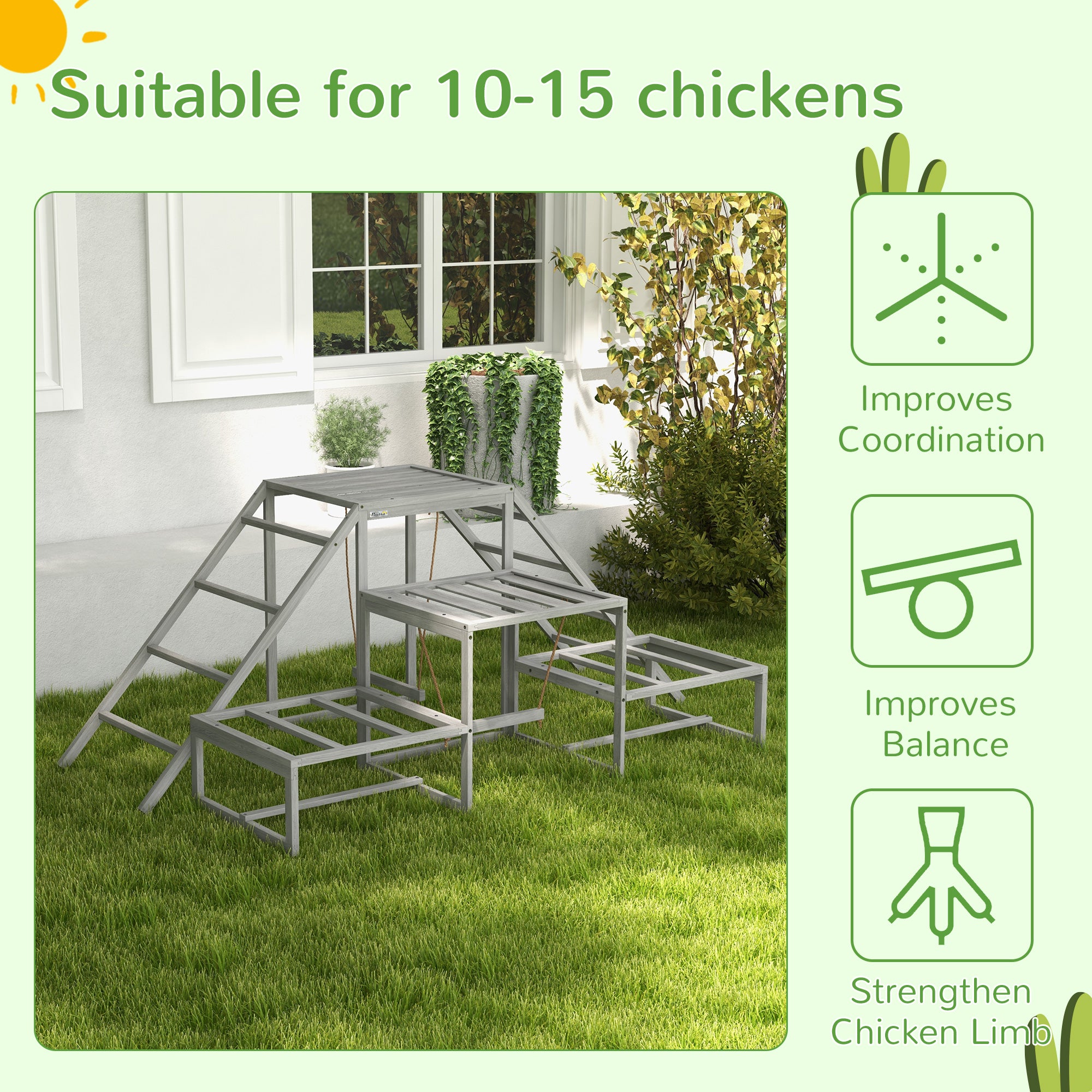 Chicken Roost Toys for Chickens Hens, Coop Accessories with Wood Stand, Ladder Platforms, for 10-15 Chickens - Gray - Image 7