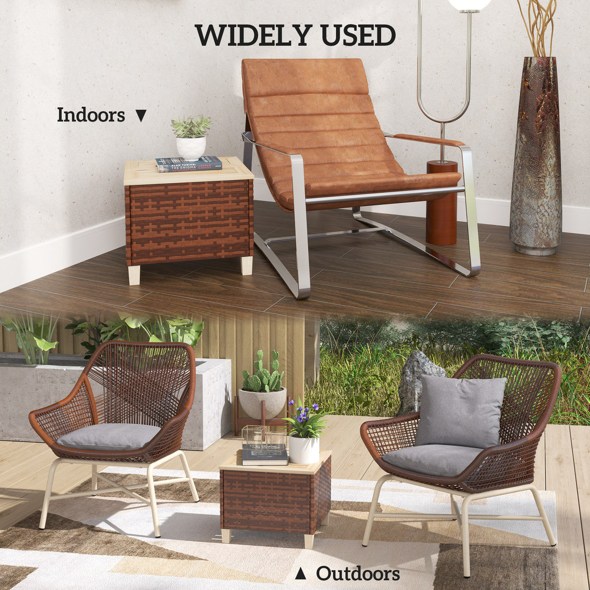 Outdoor Side Table with PE Rattan, Patio End Table with Natural Fir Wood Tabletop and Legs, Weather Resistant Accent Table for Patio Pool Porch, Brown