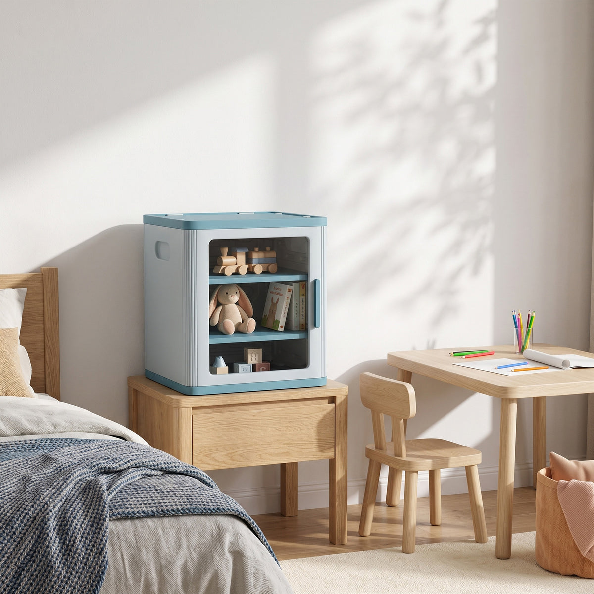 Toy Storage Organizer, 3 Tier Adjustable Toy Storage Cabinet Dustproof HDPE Plastic, Transparent Door, Light Blue