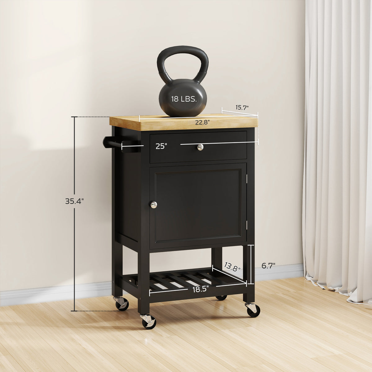 Kitchen Island on Wheels, Rolling Kitchen Cart with Rubberwood Top, Drawer, Wine Rack and Cabinet, Black