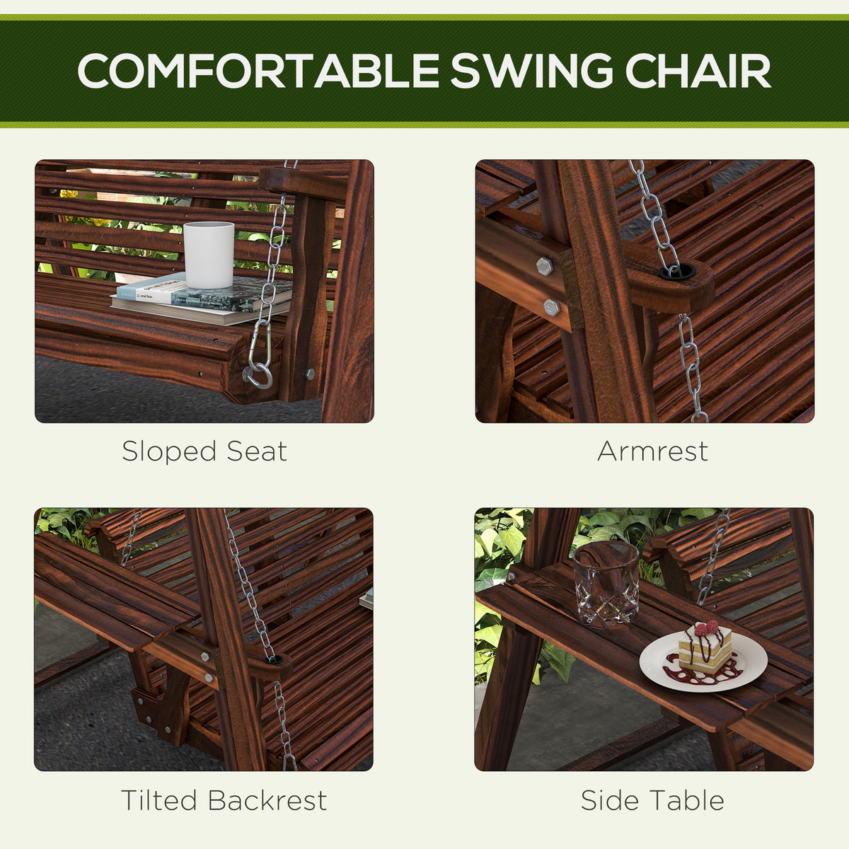2-Seat Outdoor Swing Chair with Stand and Side Tables for Garden, Poolside, Backyard, Carbonized