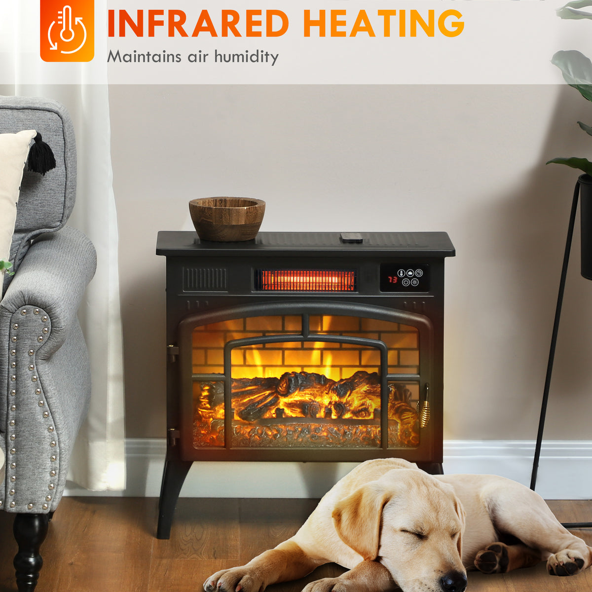 Electric Fireplace Stove, Infrared Fireplace Heater with Realistic Flame & Adjustable Temperature, 1500W, Black