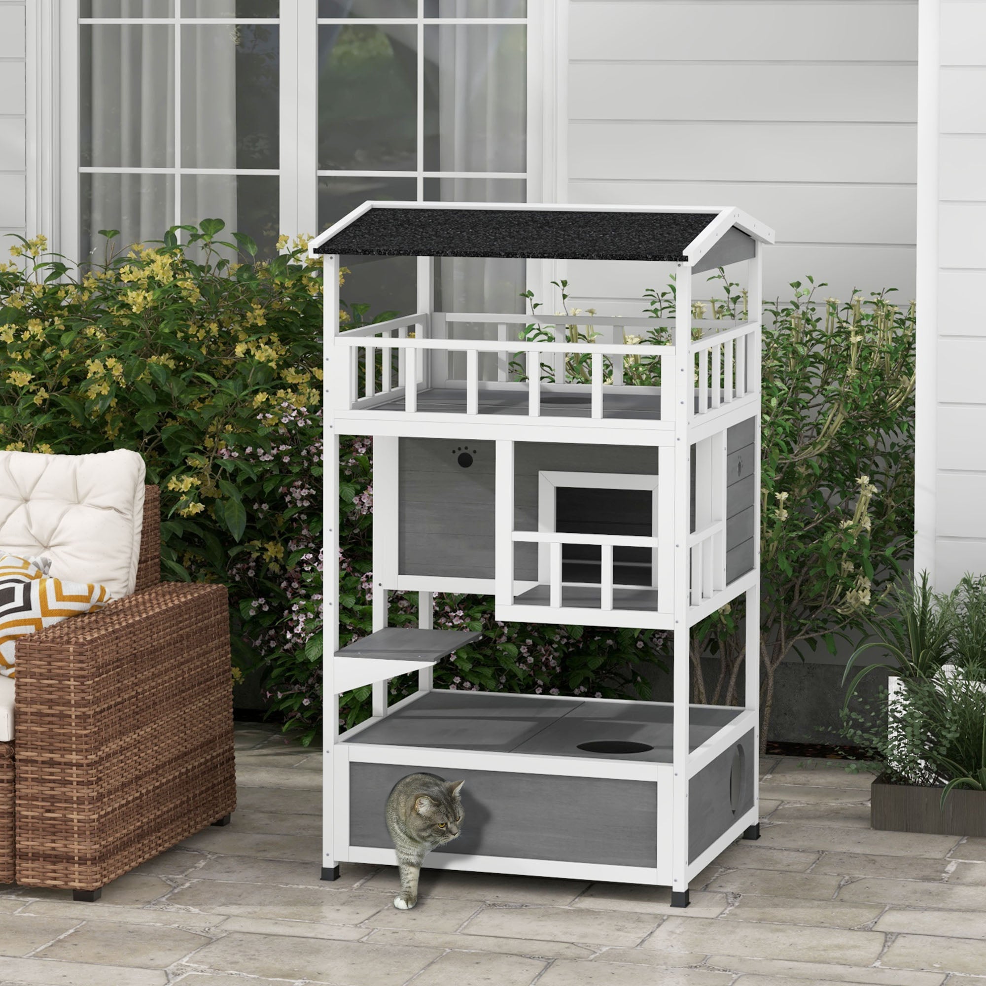 Wooden Outdoor Cat House with Asphalt Roof, Escape Doors, Condo, Jumping Platform, Light Gray - Light Gray - Image 2