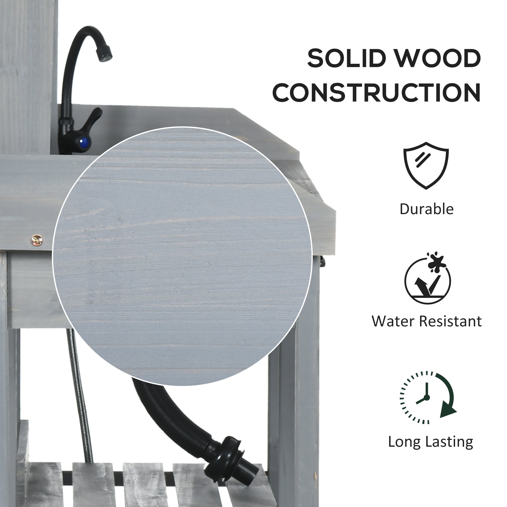 Potting Bench Table, Outdoor Garden Table Wooden Work Station with Removable Sink, Faucet, Drawer, Shelves, Hooks, Gray - Gray - Image 7