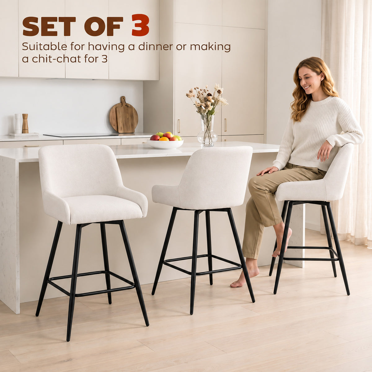 Kitchen Island Chairs Counter Height Bar Stools with Swivel Linen Seat and Footrest, Cream White