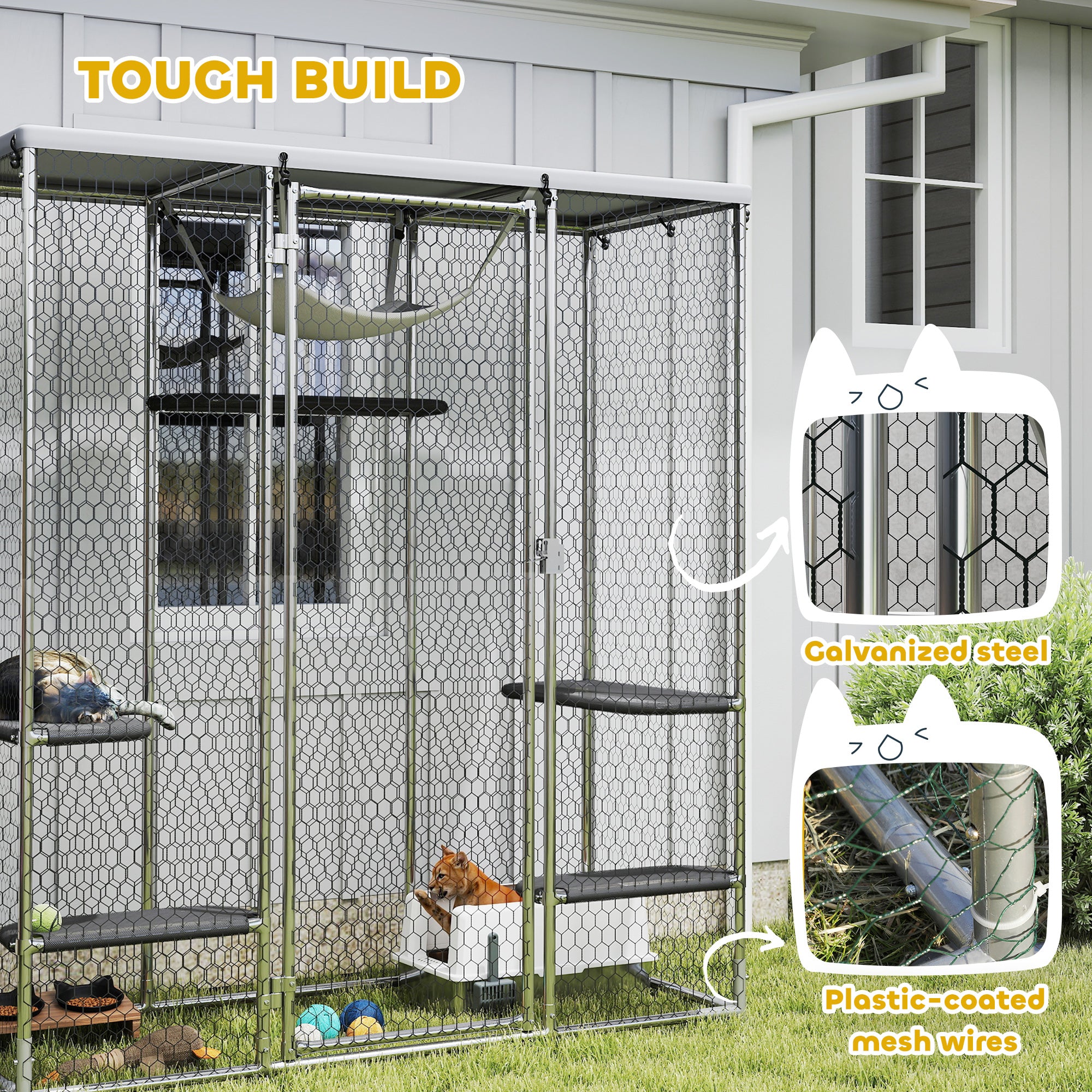 Catio Outdoor Cat Enclosure, Galvanized Steel Walk-in Cat Cage with Waterproof Cover, 5 Adjustable Platforms, Hammock - Silver - Image 5