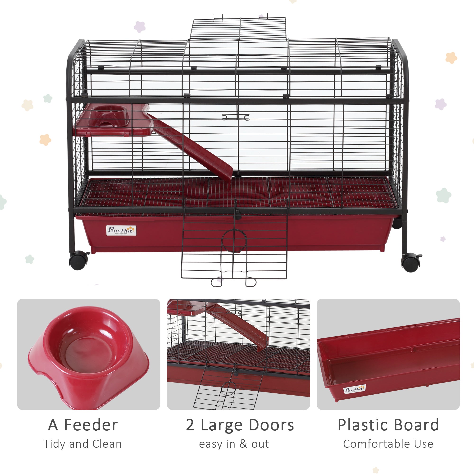 41"L Small Animal Cage, Pet Play House for Rabbit Hutch Ferret with Feeder, Rolling Wheels, Platform, Ramp - Red and Black - Image 7