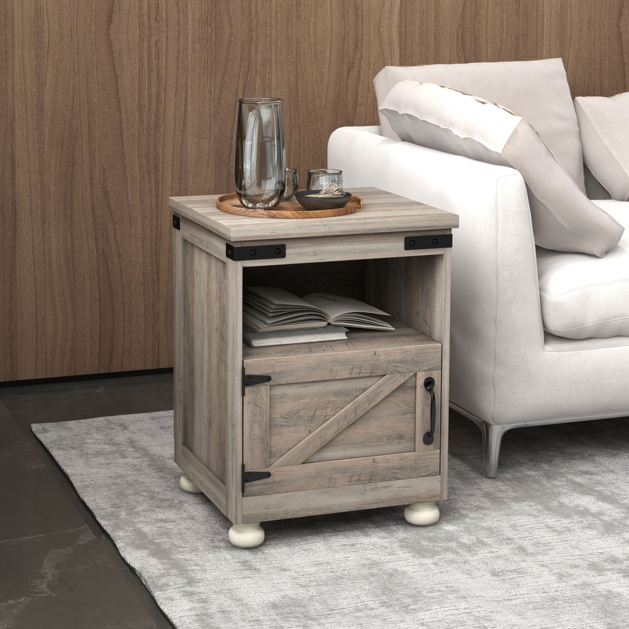 Side Table with Storage, End Table with Open Shelf, Cupboard and Wood Legs, Modern and Farmhouse Style, Gray