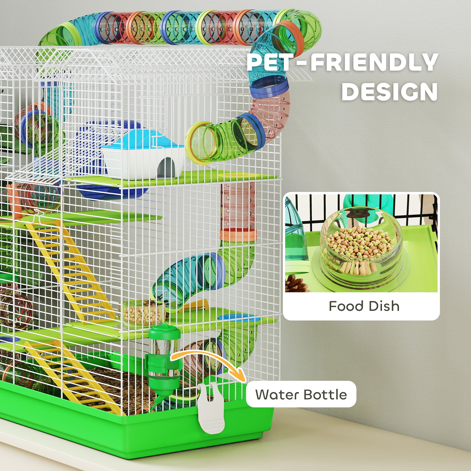 18.5" 5 Tier Hamster Cage with Tubes and Tunnels, Small Animal Cage, Rat Gerbil Cage with Water Bottle, Food Dish, Exercise Wheel, Green - Green - Image 5