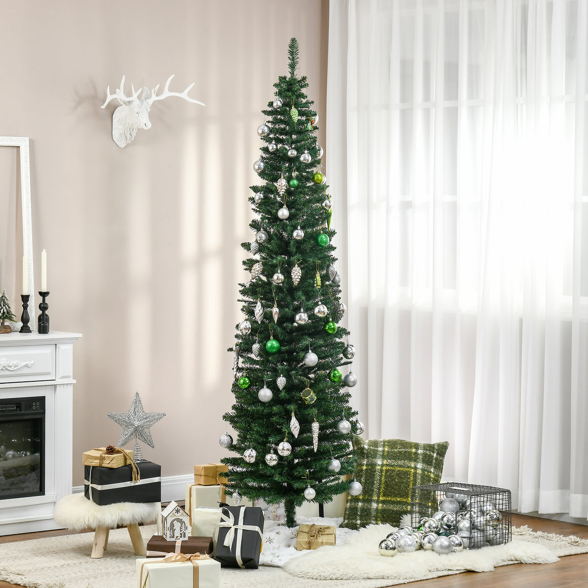 7ft Unlit Pencil Artificial Christmas Tree with Realistic Branches and 499 Tips, Plastic Base, Green