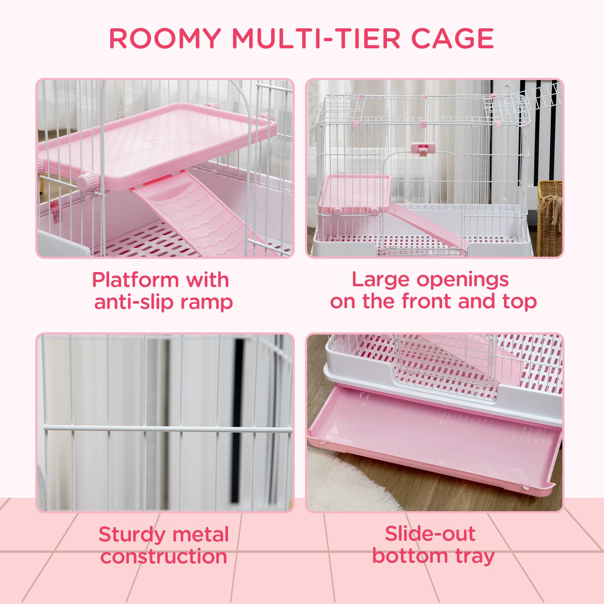 2-Level Small Animal Cage Rabbit Hutch with Wheels, Removable Tray, Platform and Ramp for Bunny, Chinchillas, Ferret, Pink - Pink - Image 5