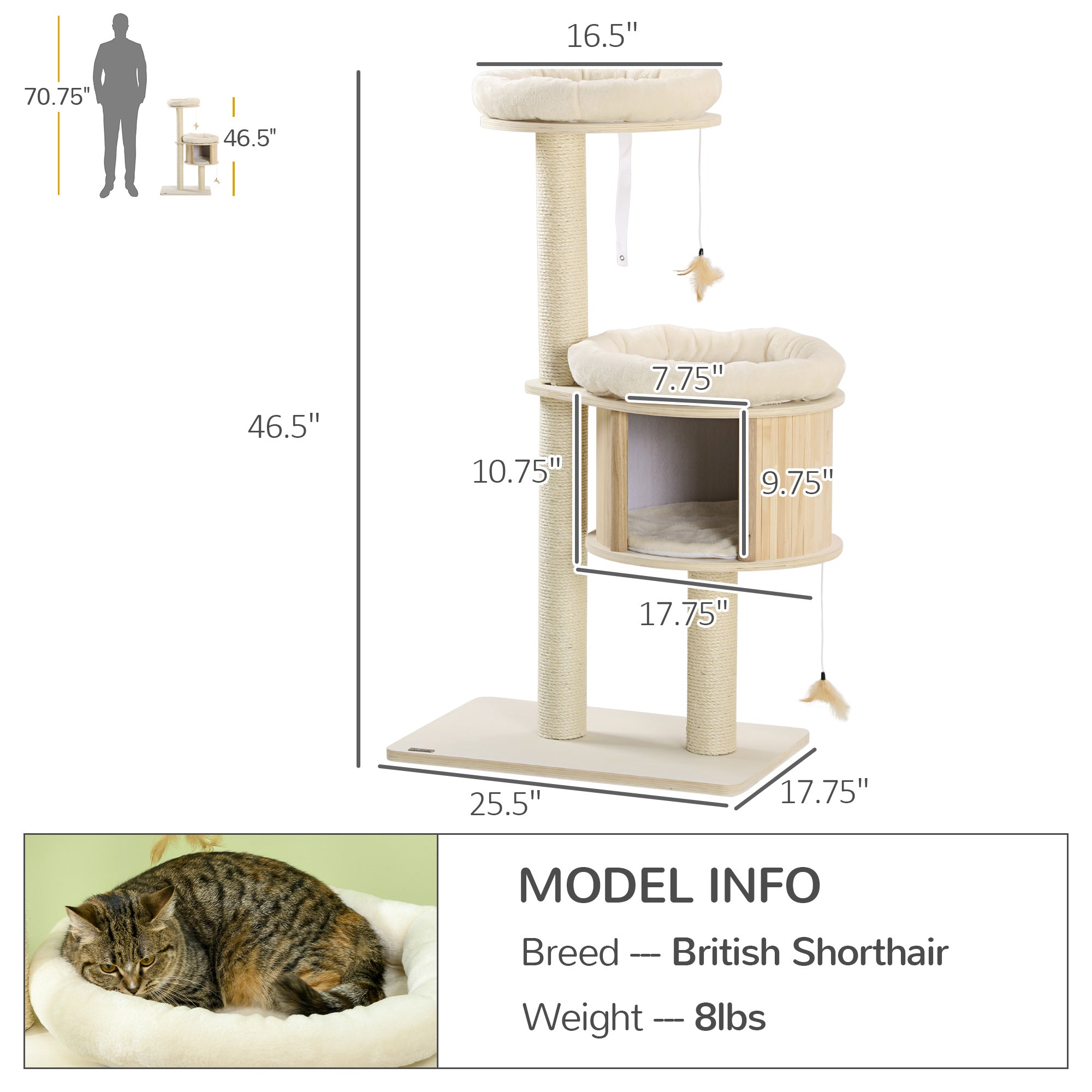 Cat Tree, 3 Level Cat Tower with Scratching Posts, Bed, Condo, Badminton Toys, for Multiple Kittens - Natural - Image 3