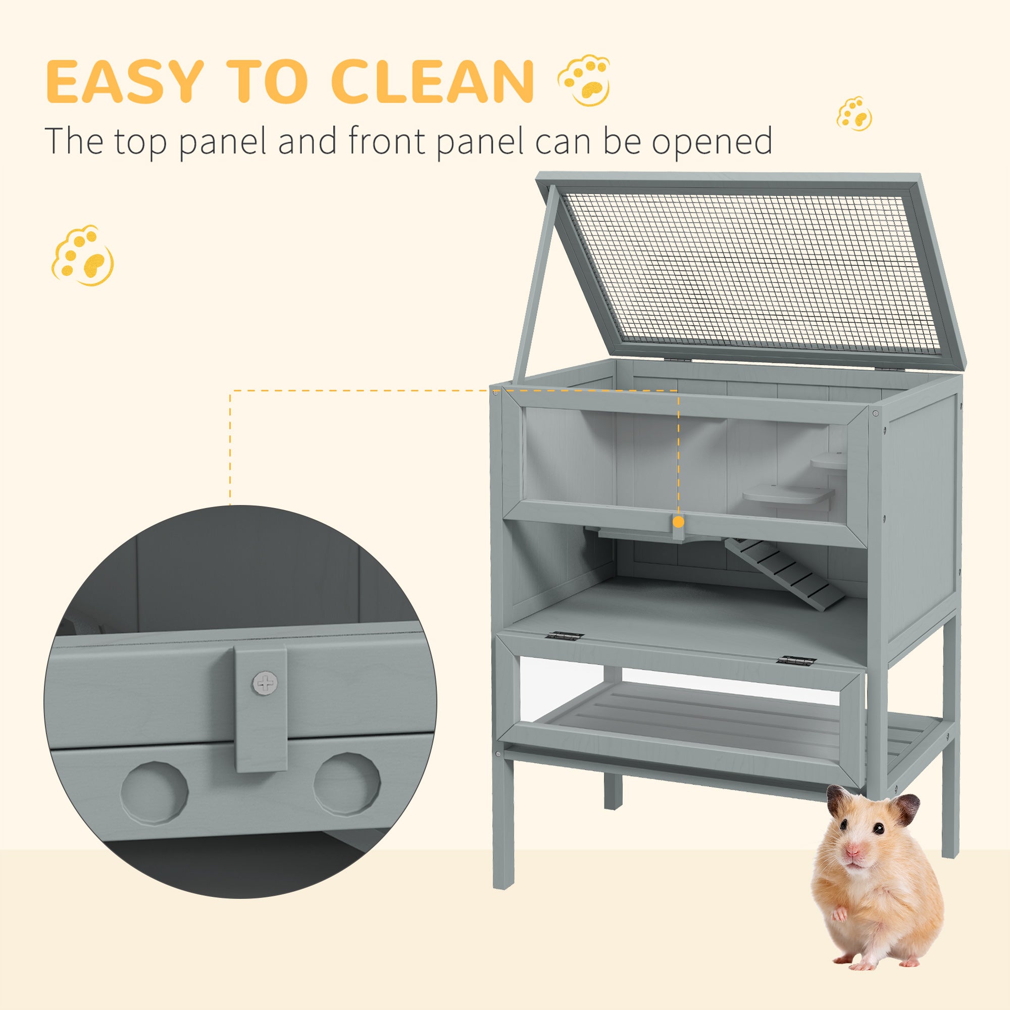 3-Tier Wooden Hamster Cage Mice and Rat Cage Small Animals Hutch with Openable Top, Front Door, Storage Shelf, Gray - Gray - Image 5