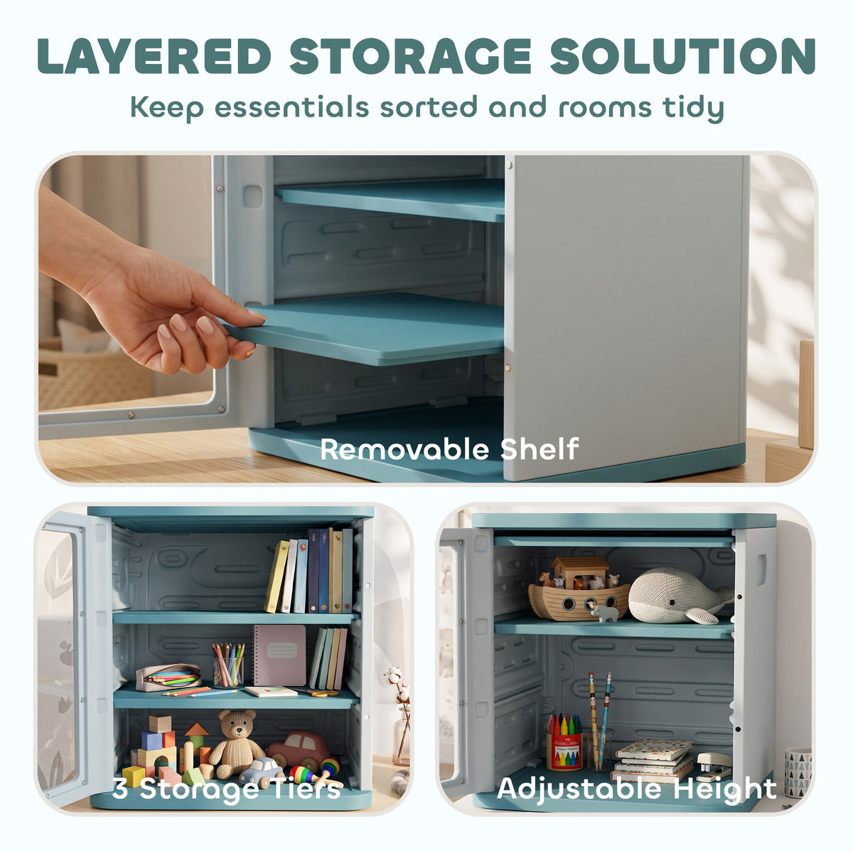 Toy Storage Organizer, 3 Tier Adjustable Toy Storage Cabinet Dustproof HDPE Plastic, Transparent Door, Light Blue