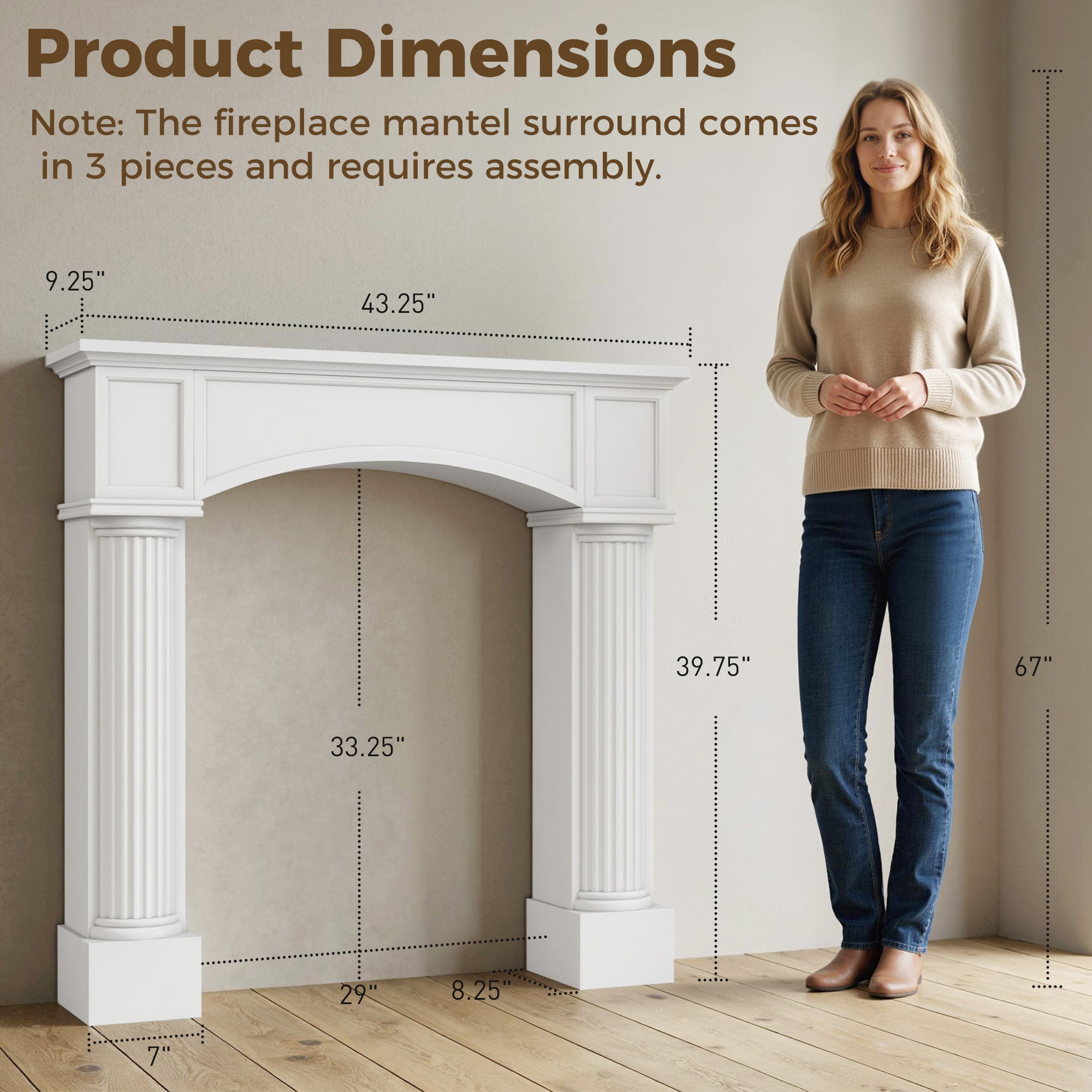 Modern Fireplace Mantel, Freestanding Fireplace Surround for Electric Fireplaces, 43.3" W x 39.8" H, White