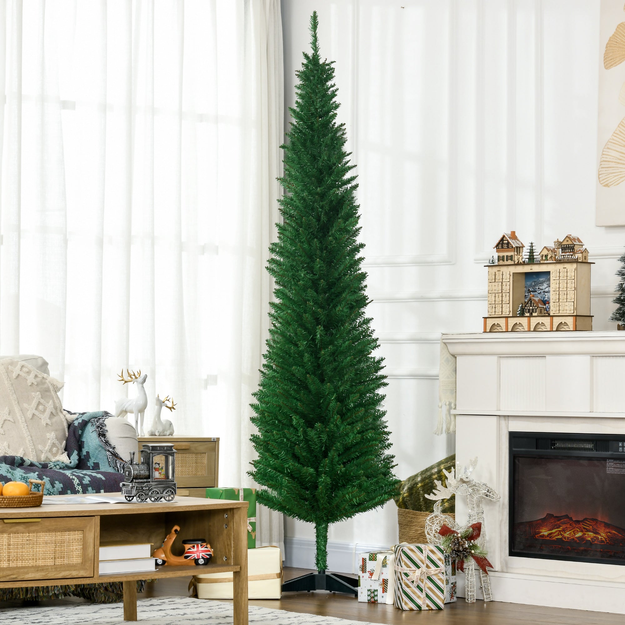 7ft Unlit Pencil Artificial Christmas Tree with Realistic Branches and 499 Tips, Plastic Base, Light Green
