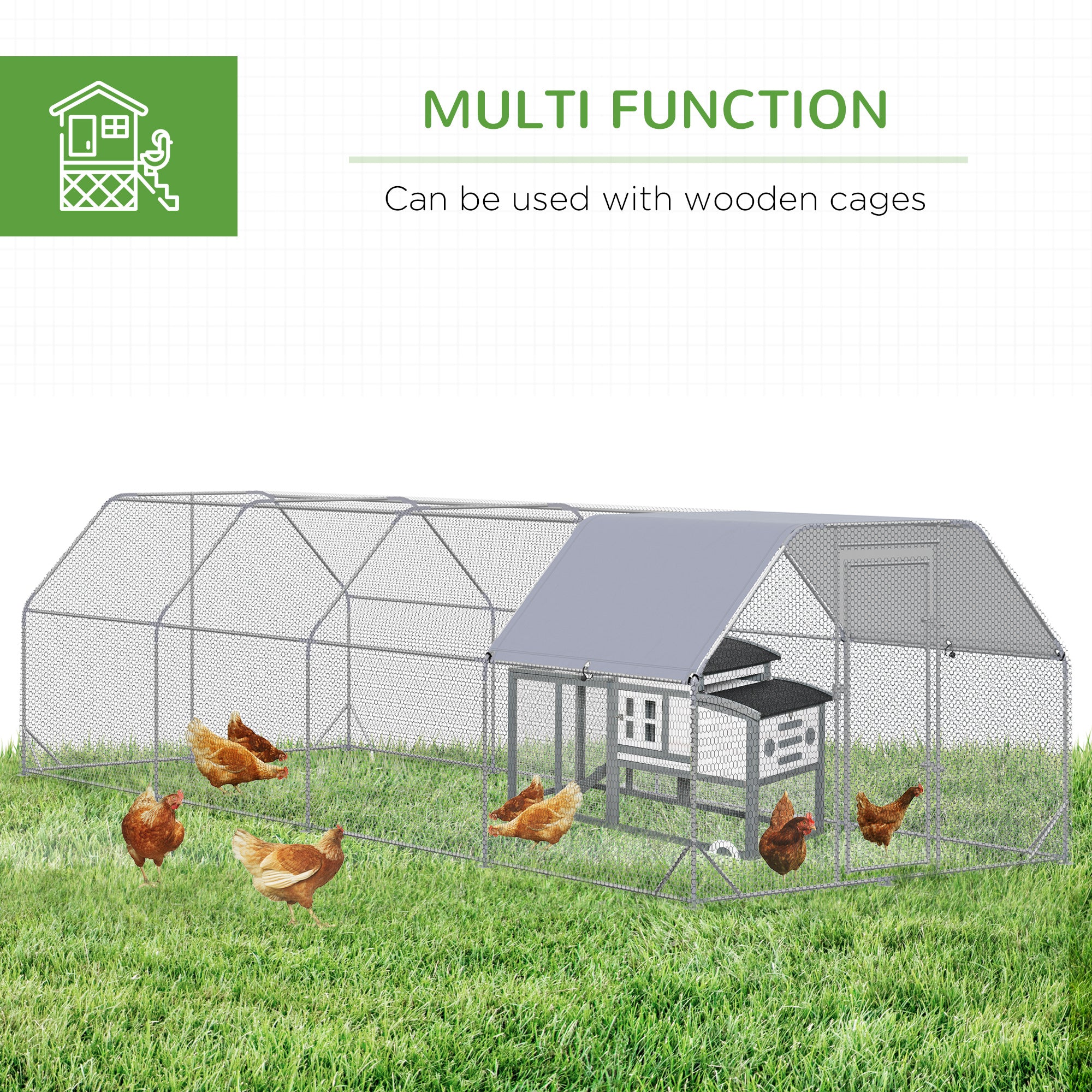 Large Chicken Coop Metal Chicken Run with Waterproof and Anti-UV Cover, Flat Shaped Walk in Fence Cage Hen House for Outdoor and Yard Farm Use, 1" Tube Diameter, 9.2' x 24.9' x 6.4' - Silver - Image 6