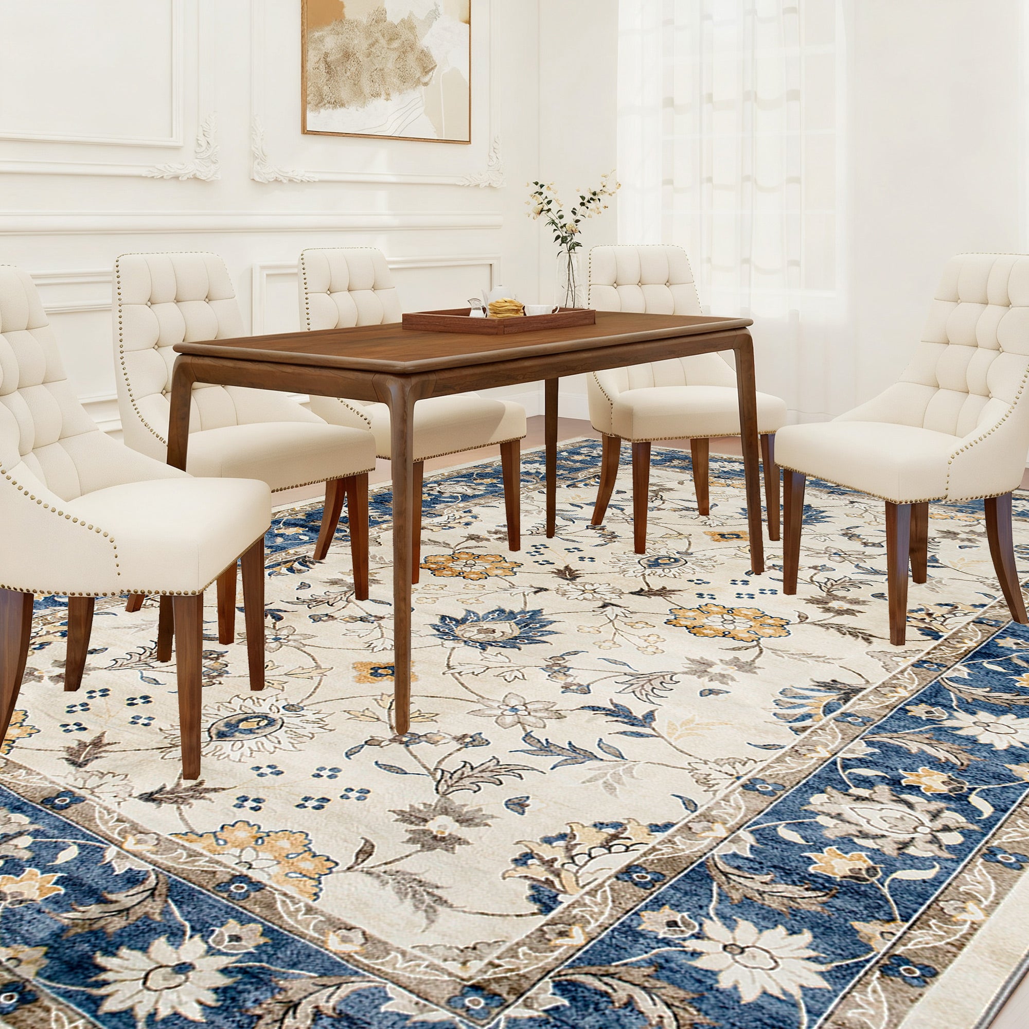 Machine Washable Area Rug 5x7, Non-Slip Boho Floral Print Floor Carpet for Living Room, Bedroom, Dining Room, Blue