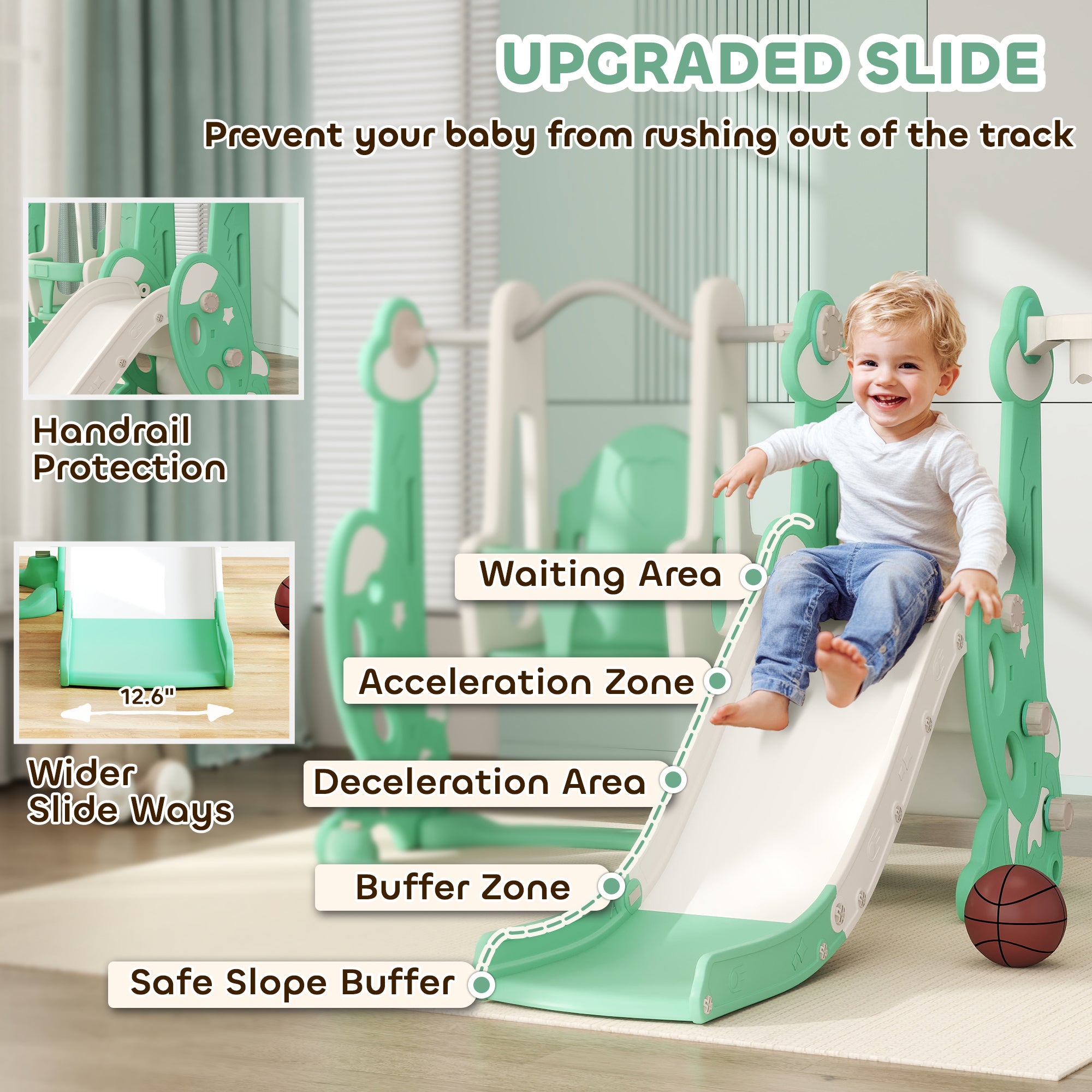 4 in 1 Toddler Slide and Swing Set for Ages 1.5-4, Toddler Playset Playground with Climber, Basketball Hoop, Green