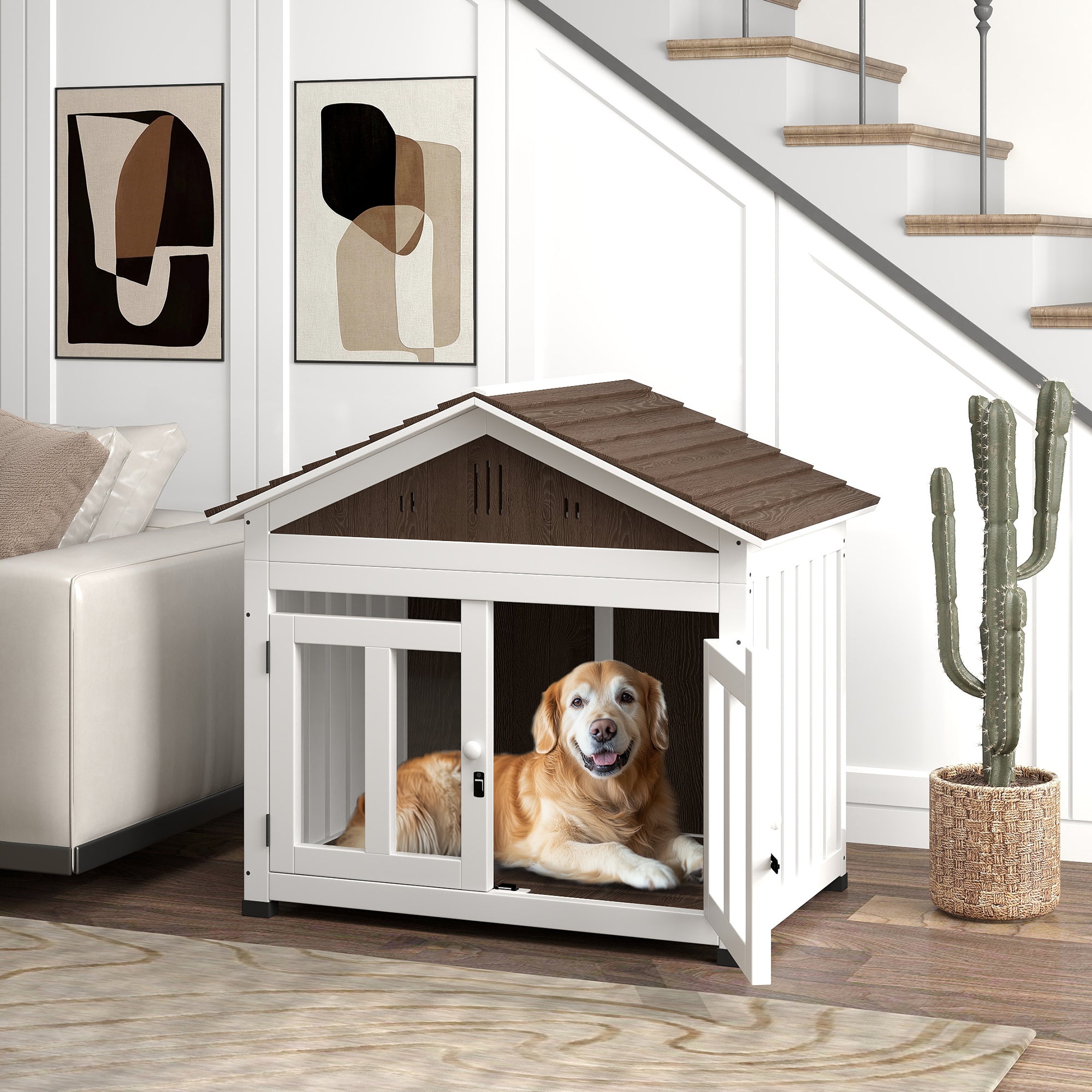 40"L Wooden Dog House Outdoor Indoor for Small, Medium, Large Dogs, with Air Vents & Elevated Removable Floor - Brown - Image 2