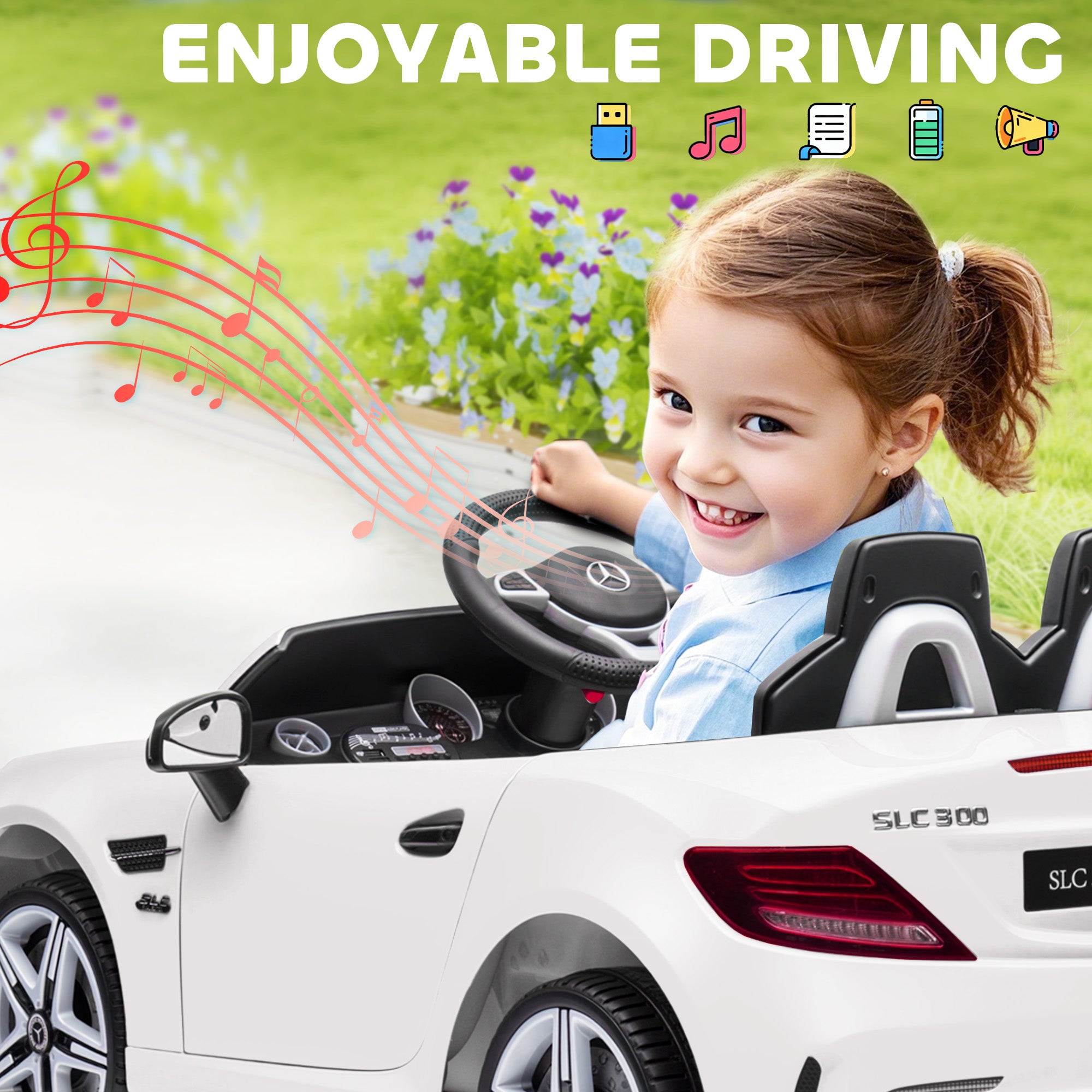Mercedes SLC 300 Licensed Kids Electric Car with Remote Control, 12V Battery Powered Kids Ride on Car with Music, Lights, Suspension for 3-6 Years Old, White