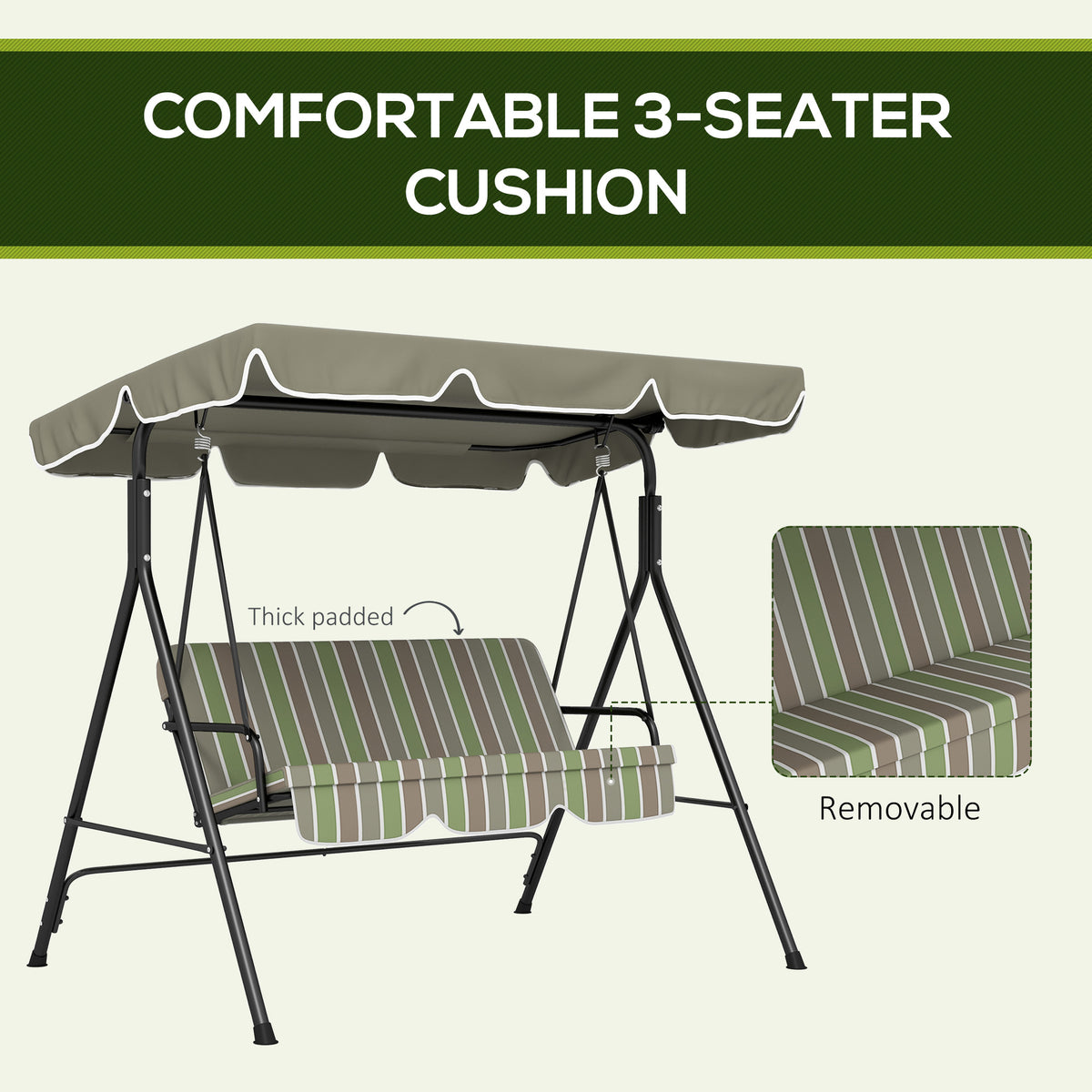 3-Seat Outdoor Patio Swing Chair w/ Cushion, Steel Frame Stand, Adjustable Tilt Canopy for Patio, Garden, Beige & Green