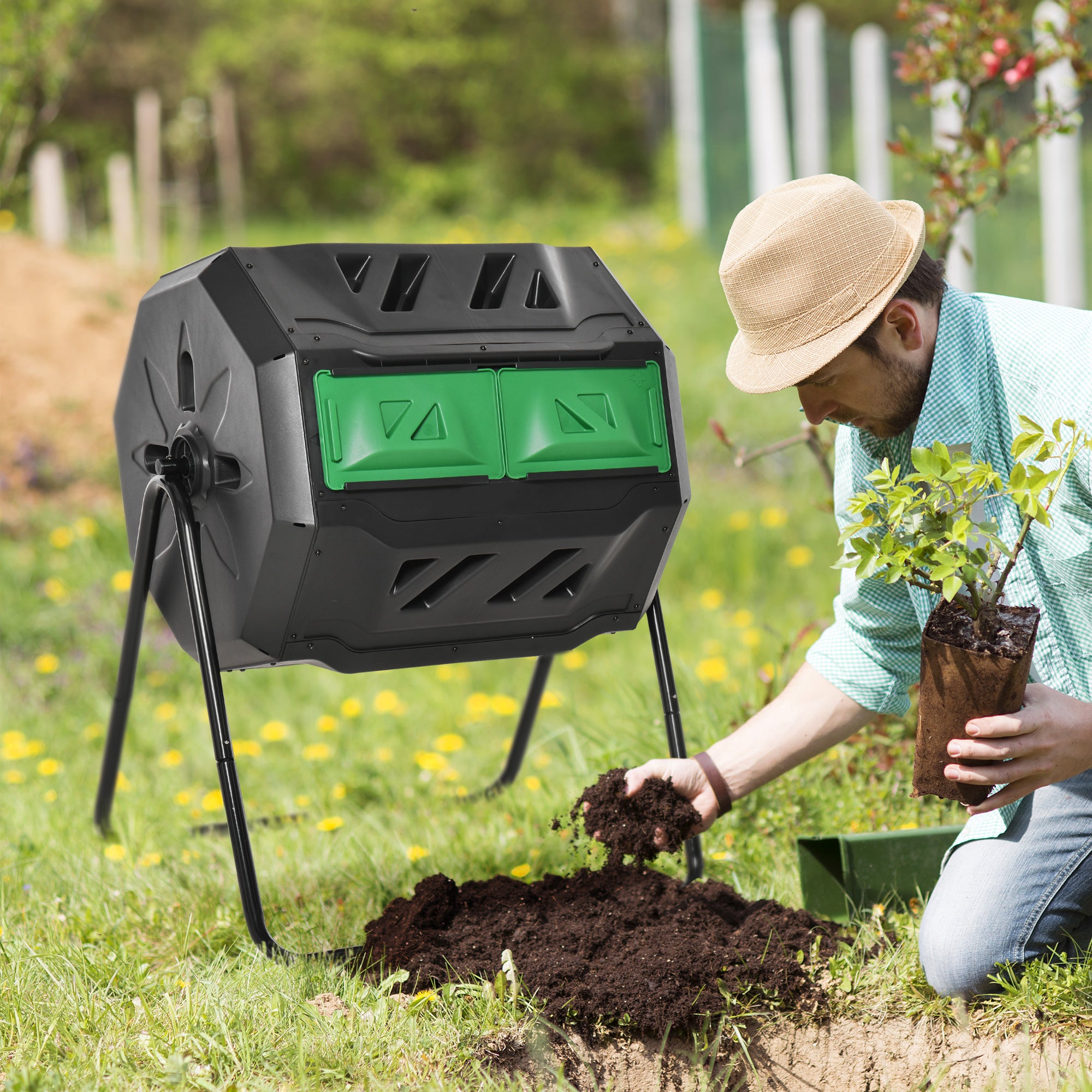 Tumbling Compost Bin Outdoor 360° Dual Chamber Rotating Composter 43 Gallon, Green - Green - Image 2