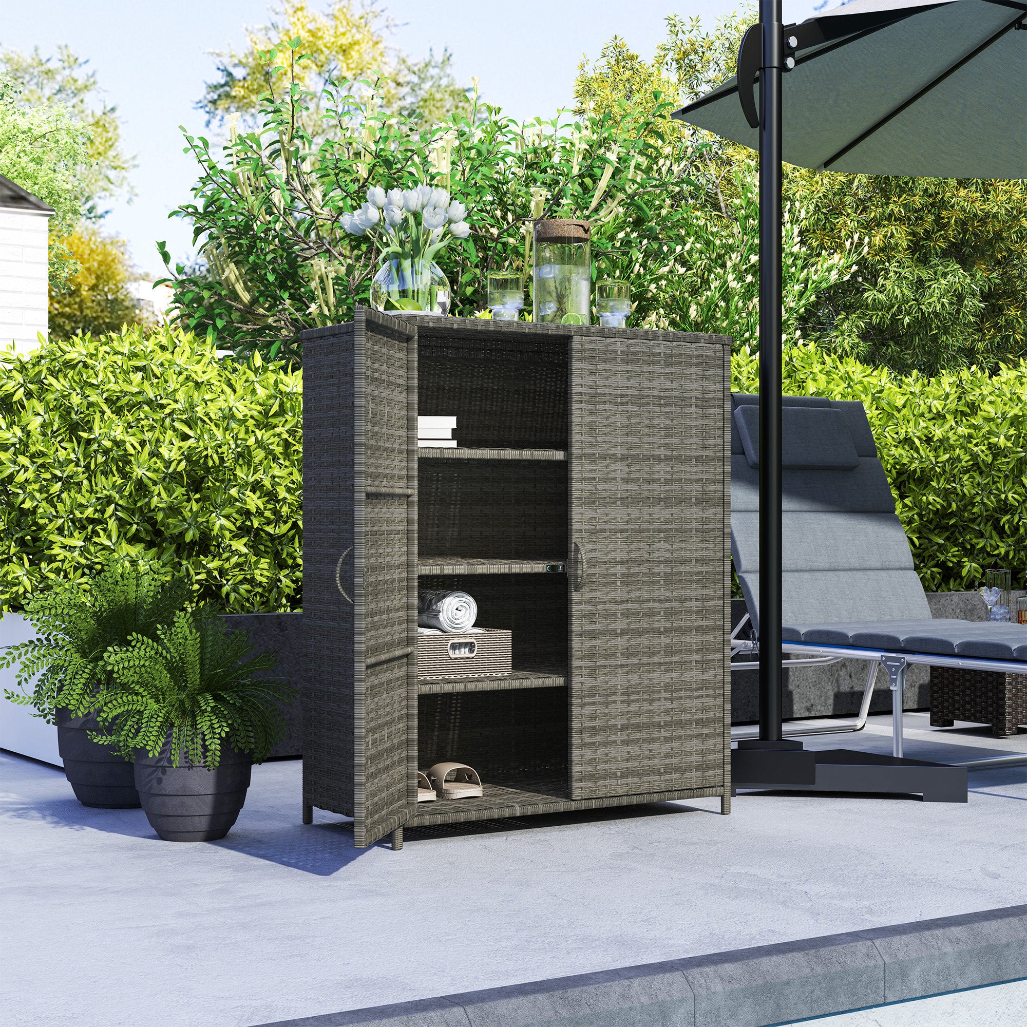 Rattan Wicker Outdoor Storage Cabinet with 4 Shelves and 2 Doors for Garden Pool Towel Storage, Mixed Gray - Mixed Gray - Image 8