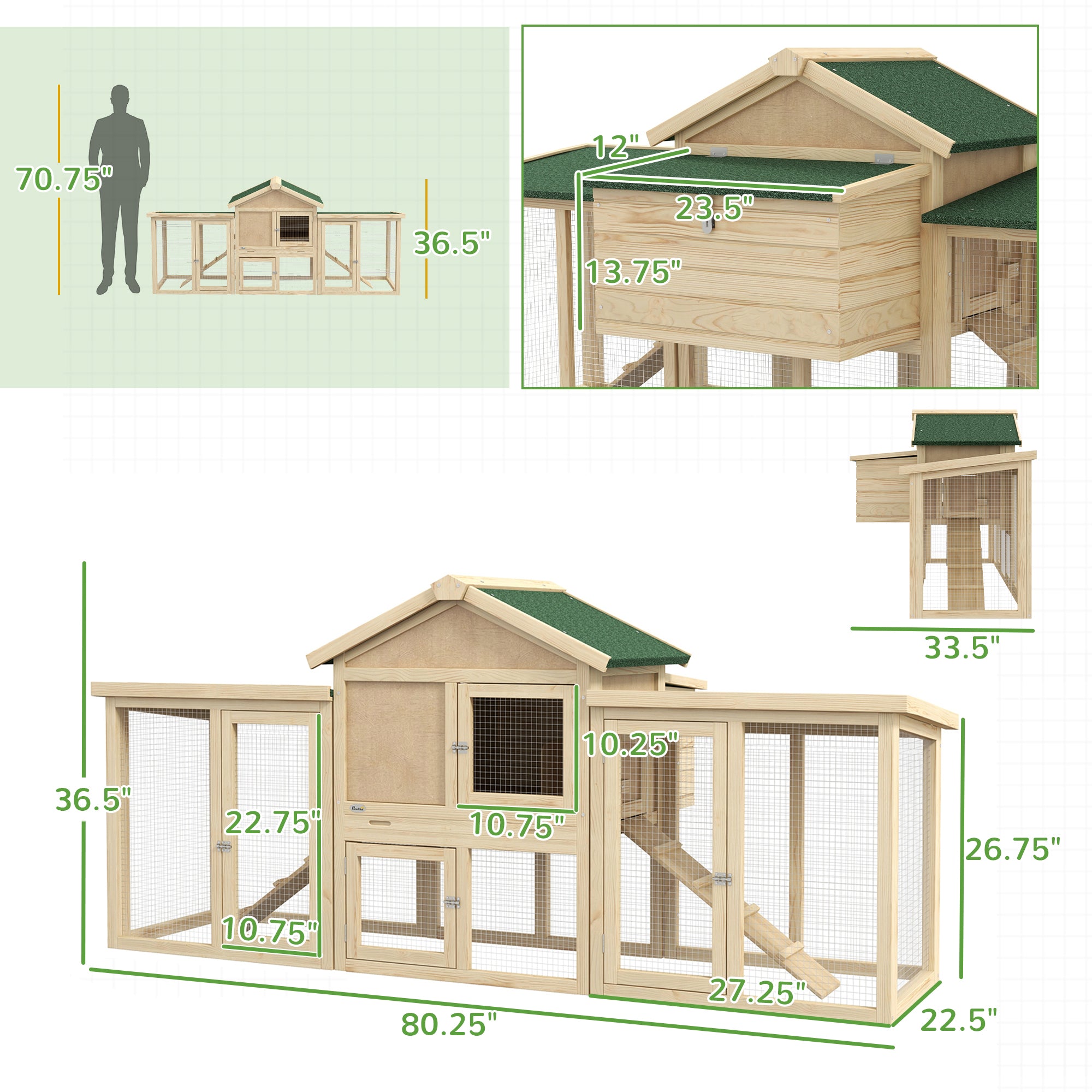 Wooden Chicken Coop ith Nesting Box, Double Runs, Removable Tray, Ramps, for Garden Backyard - Natural Wood - Image 3