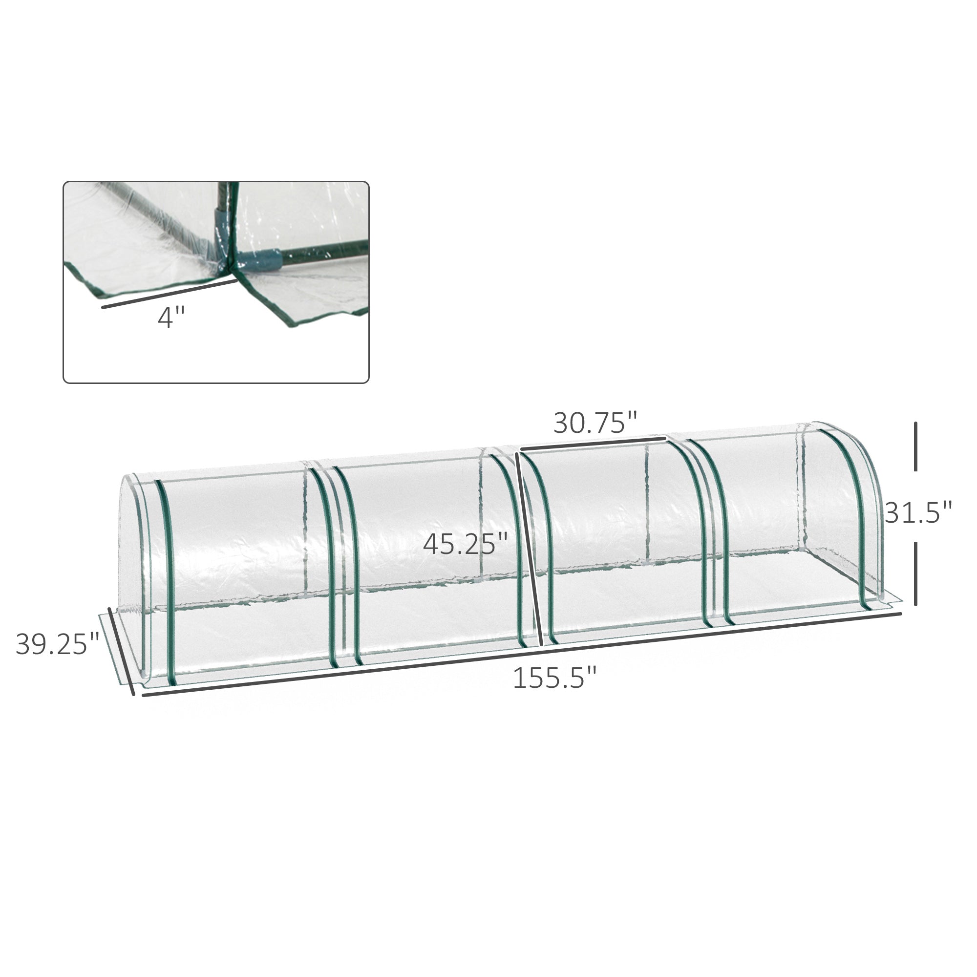 13' L x 3' W x 2.5' H Portable Tunneled Greenhouse with 4 Zippered Doors, Water/UV Fighting PVC Cover - Clear - Image 3