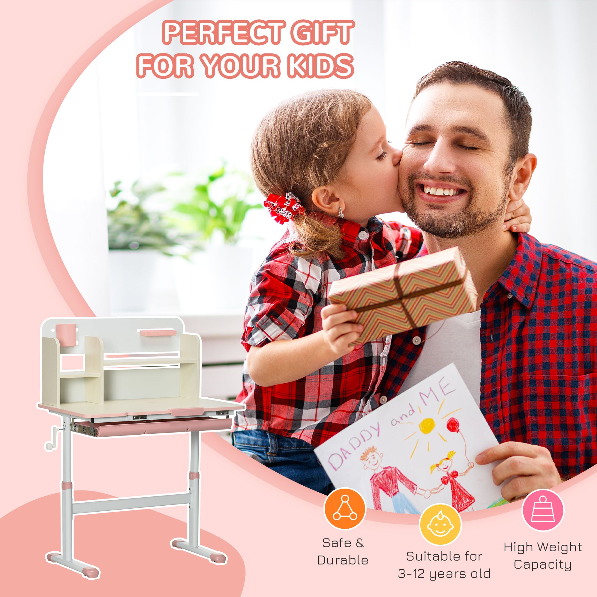 Wooden Kids Study Desk, Height Adjustable Children School Study Table, Student Writing Desk with Tilt Desktop, Drawer, Storage Shelf, Pen Holder, Pink