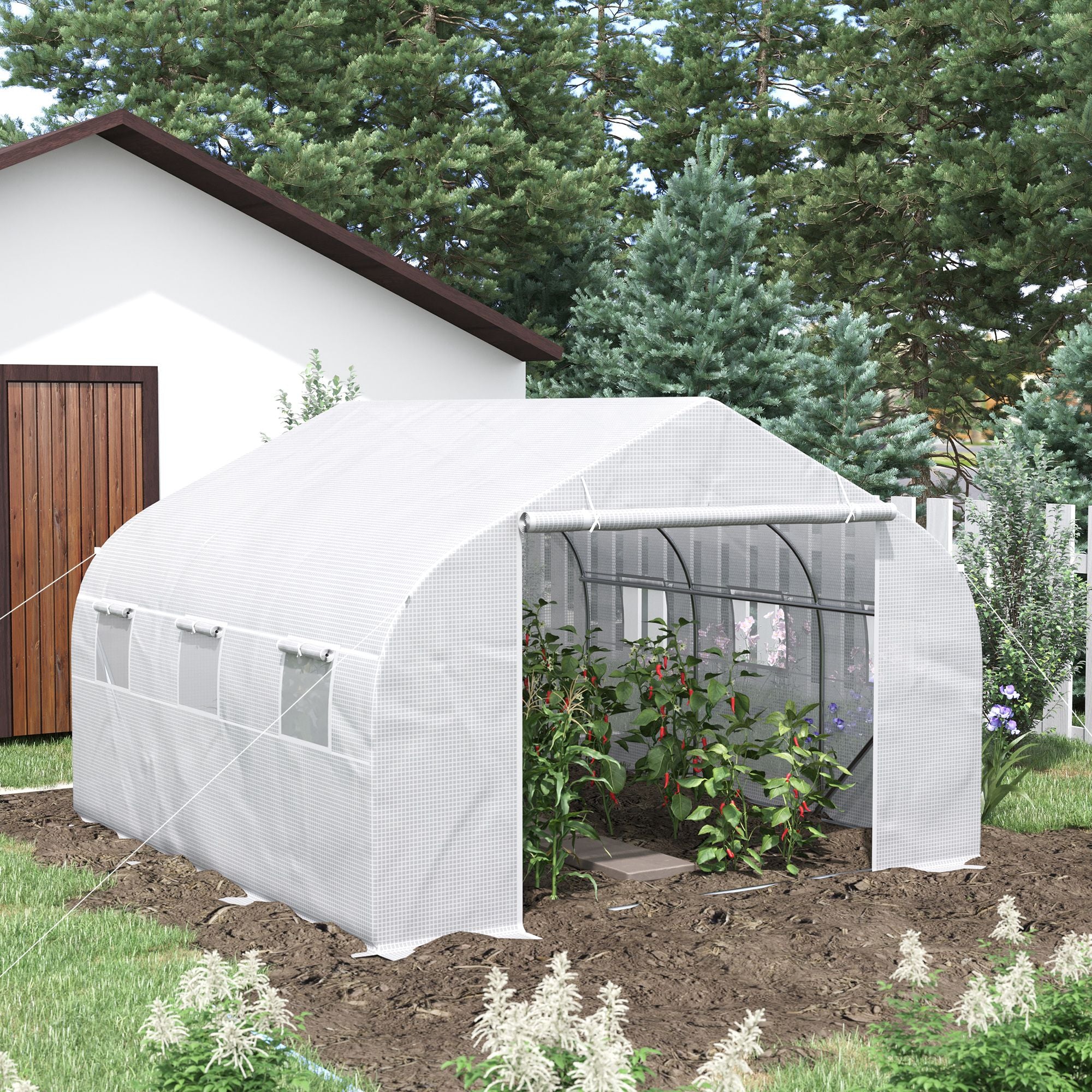 11.5' x 10' x 6.5' Walk-in Greenhouse, Tunnel Green House with Zippered Mesh Door and 6 Mesh Windows, Gardening Plant Hot House with Galvanized Steel Frame, White - White - Image 2