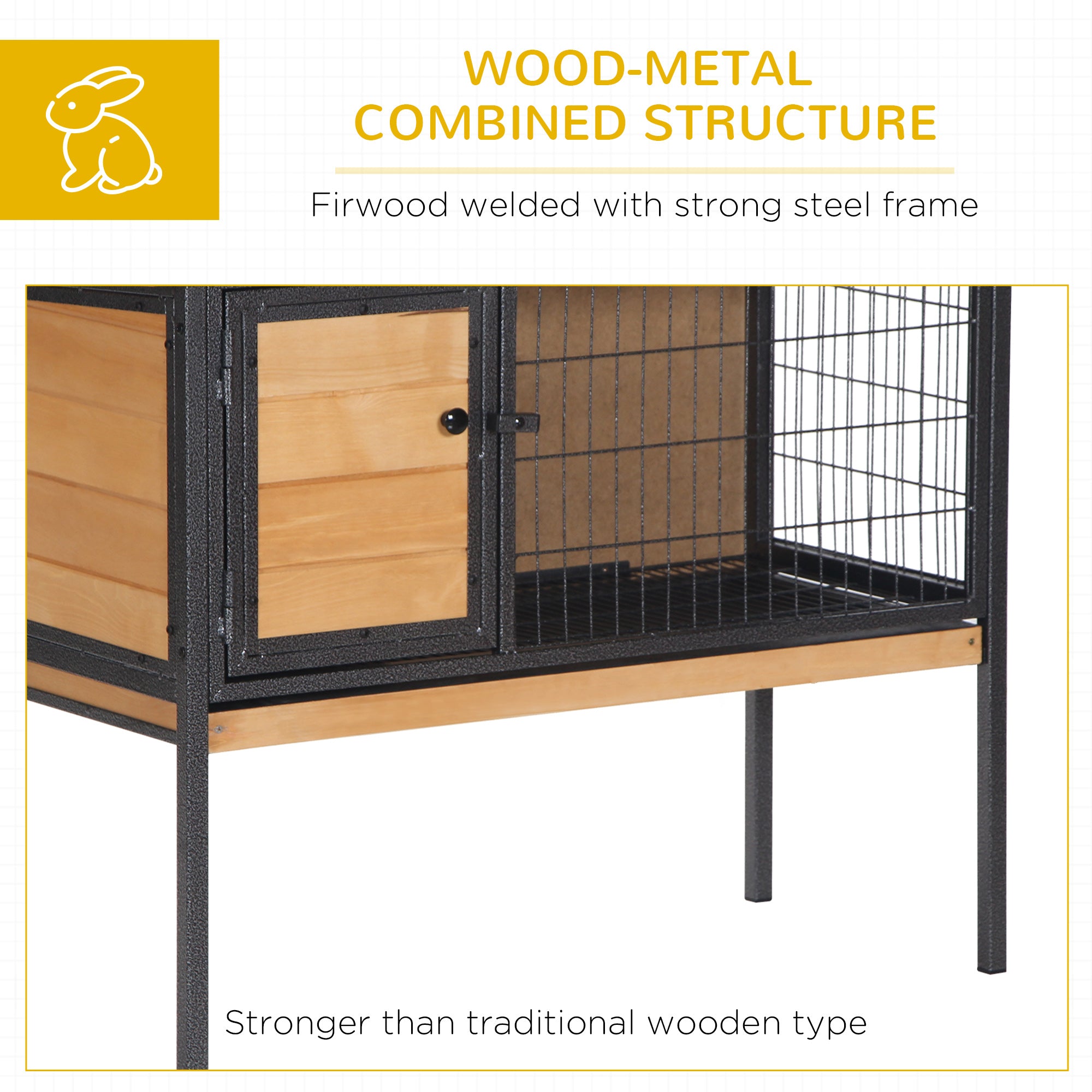 Rabbit Hutch Elevated Bunny Cage Small Animal Habitat with Metal Frame, No Leak Tray, Metal Wire Pan, Openable Water-Resistant Asphalt Roof for Rabbits, Chickens, Ducks, Indoor/Outdoor Natural - Natural Wood, Black - Image 7