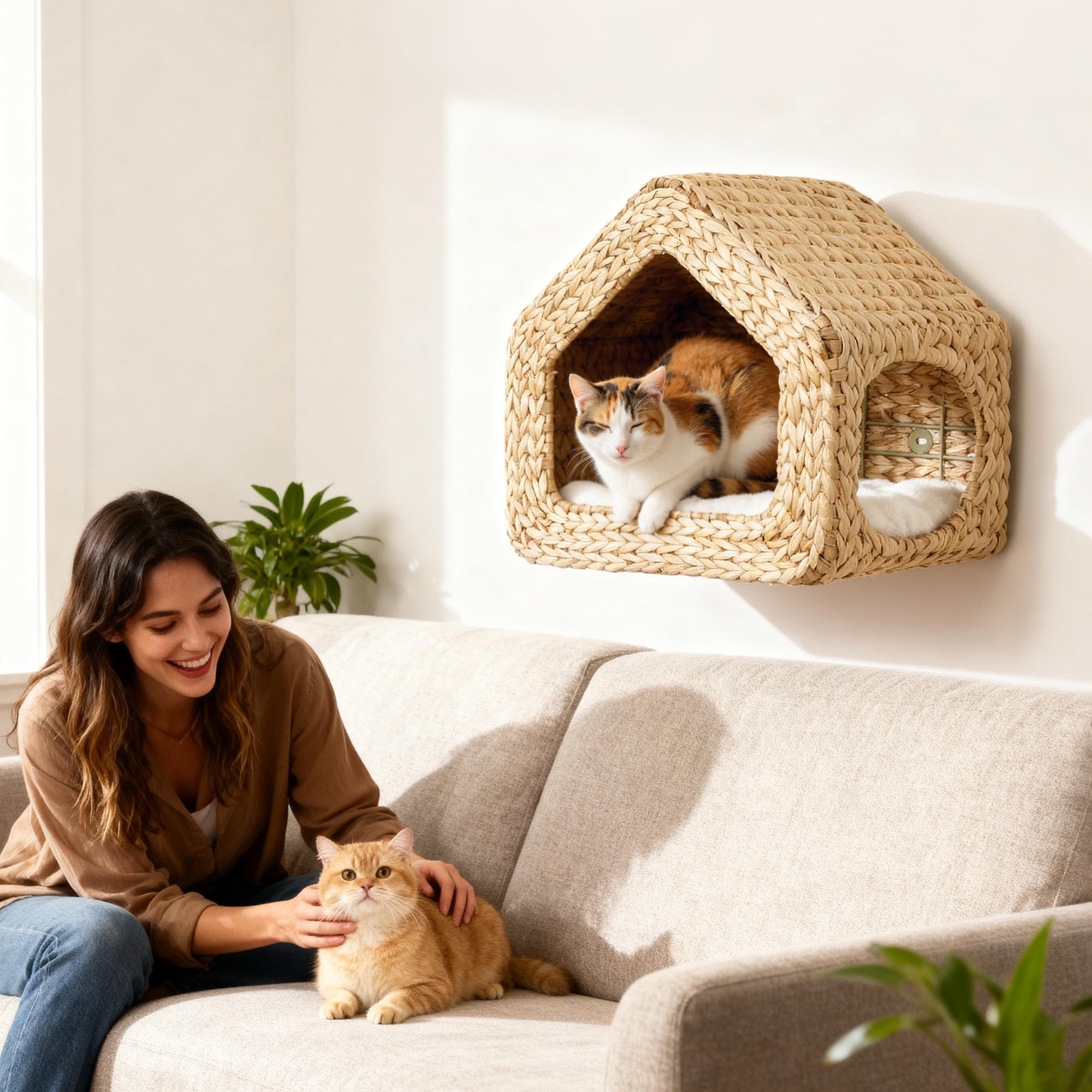Wall Mounted Cat House, Cat Wall Furniture, Cat Wall Shelf with Washable Cushion, Natural - Natural Wood - Image 2