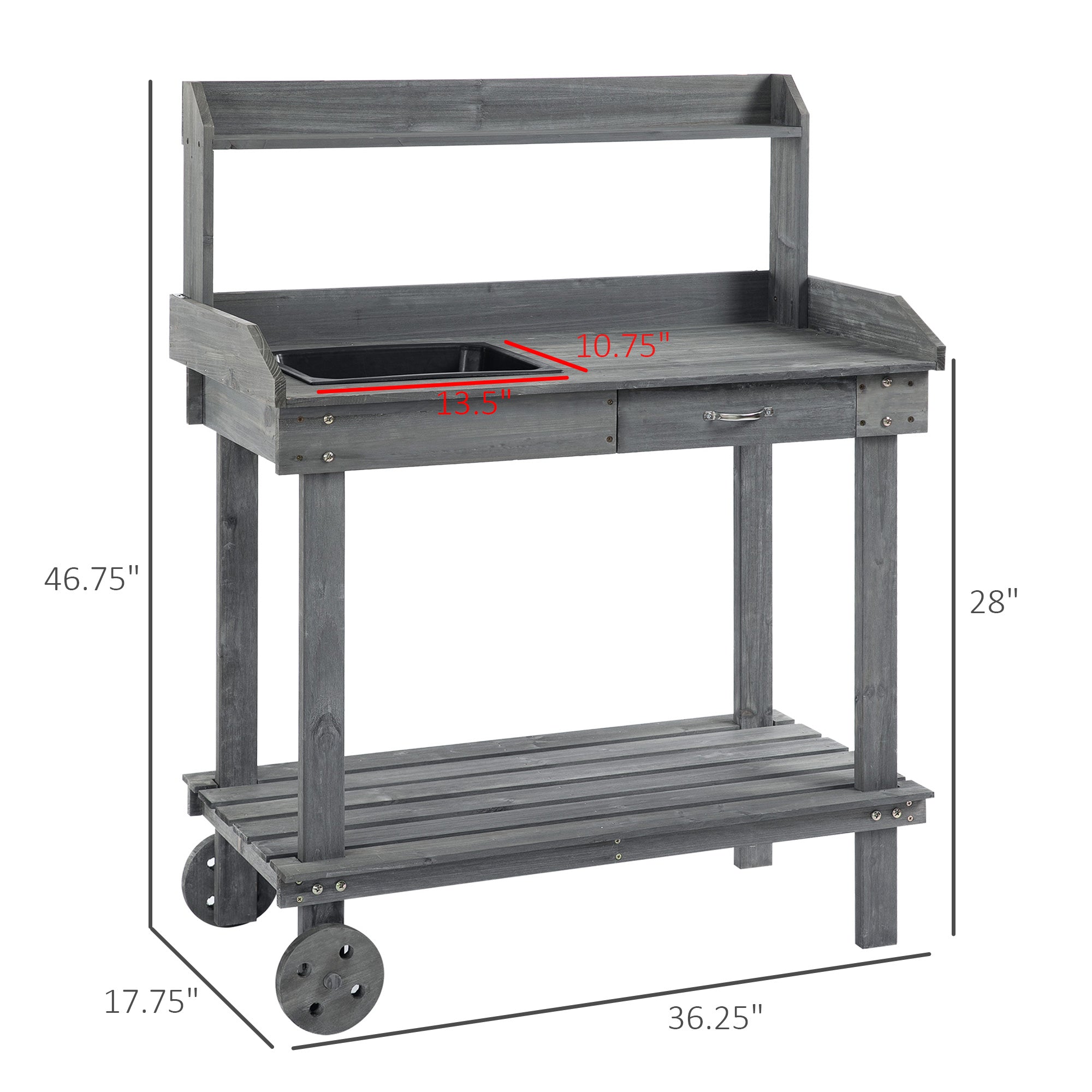 36" Wooden Potting Bench Work Table with 2 Removable Wheels, Garden Workstation with Removable Sink, Drawer & Large Storage Spaces, Gray - Gray - Image 3