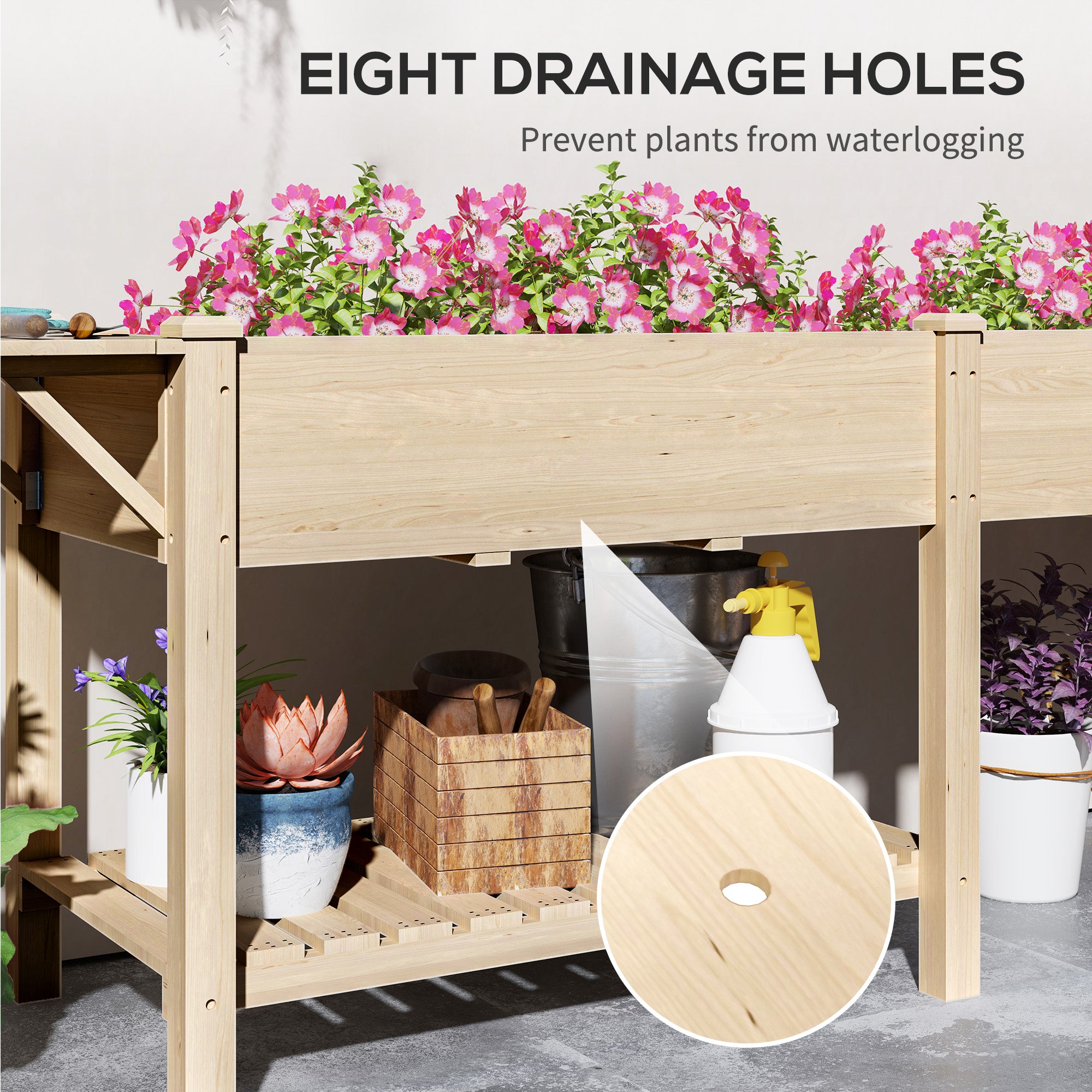 Wood Raised Garden Box, Elevated Garden Bed with Side Table, Bottom Shelf, Bed Liners and Drainage Holes, Natural - Natural Wood - Image 7