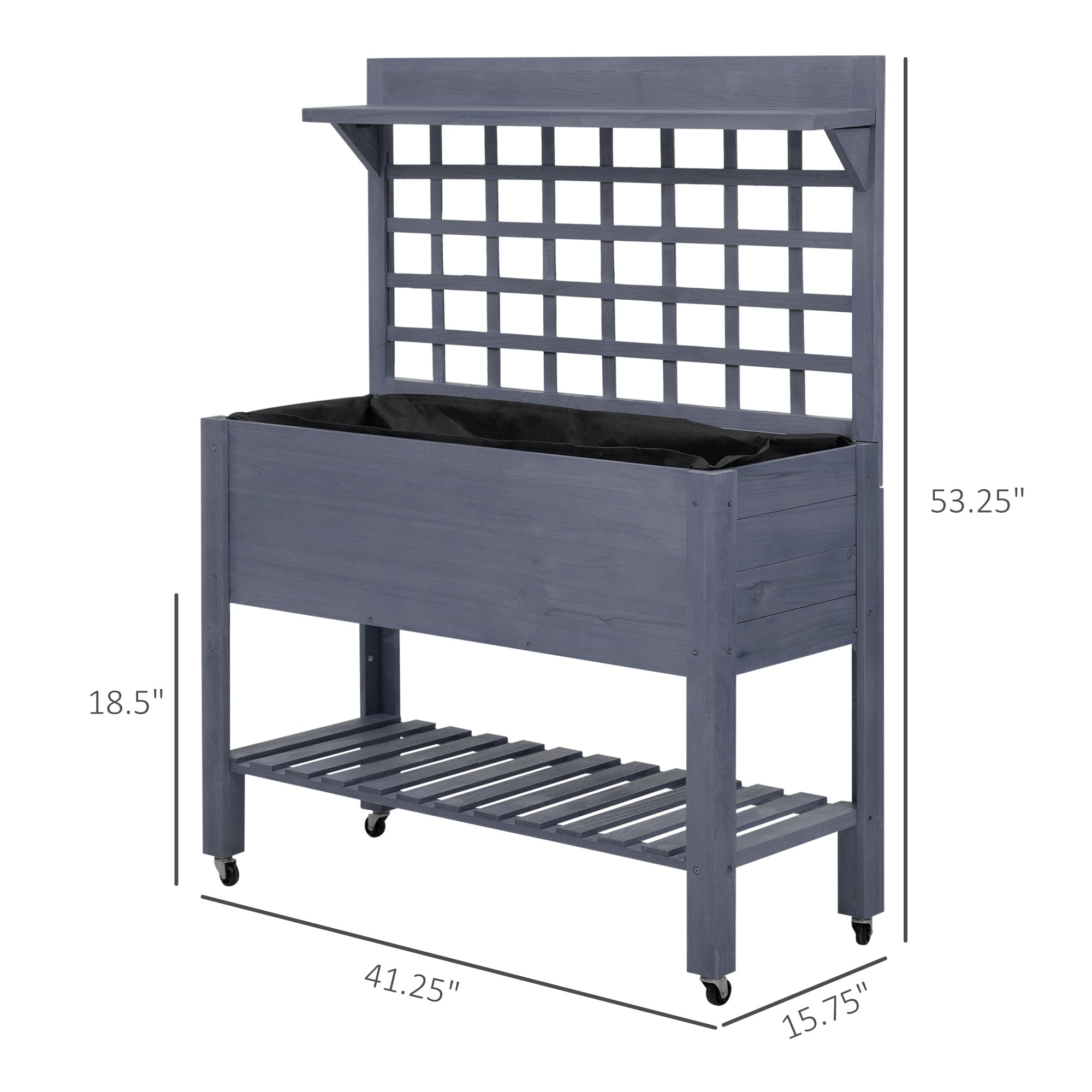 41" Raised Garden Bed Mobile Elevated Wooden Planter Box Stand with Wheels, Trellis and Storage Shelf, Gray - Gray - Image 3