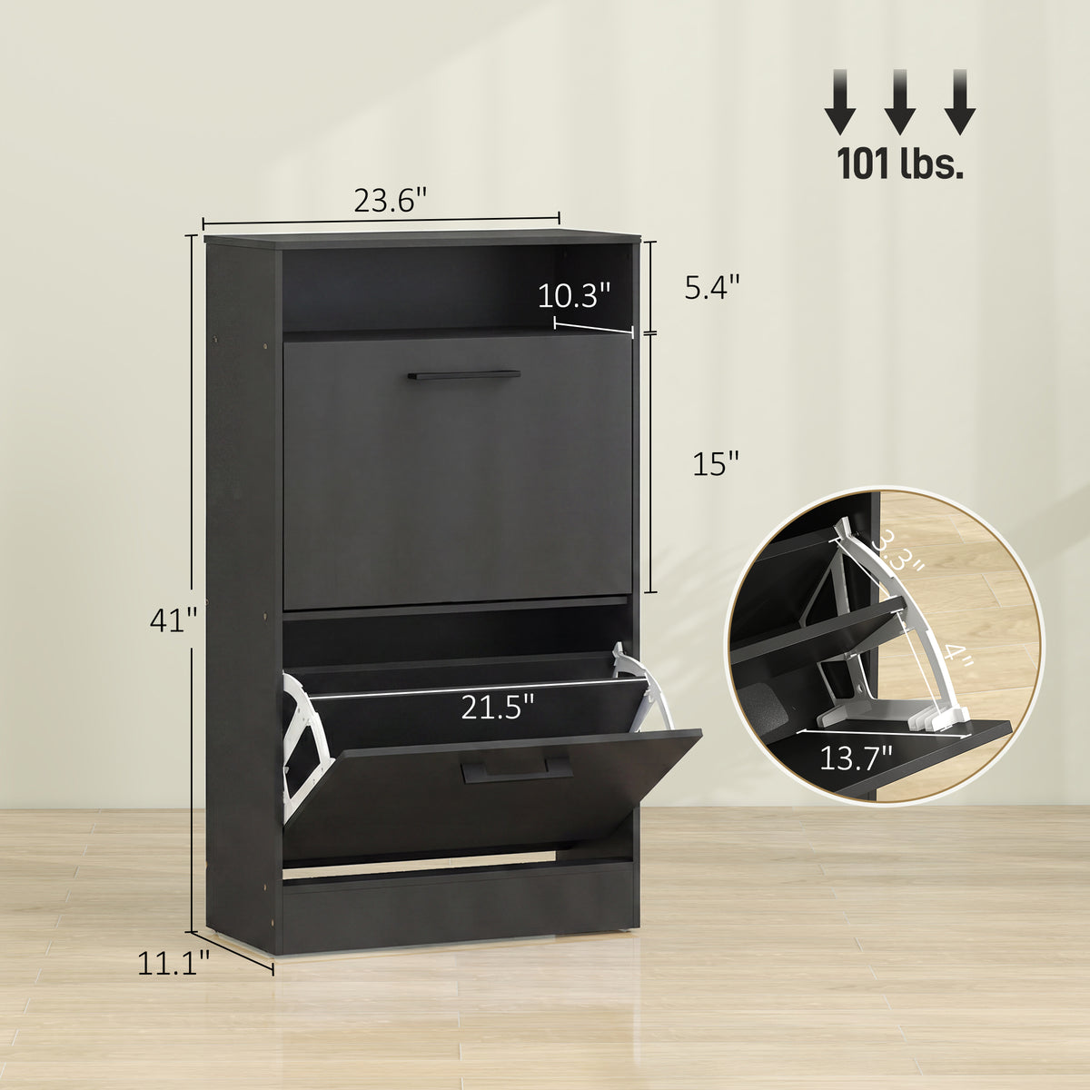 Shoe Cabinet 2 Flip Drawers Adjustable Dividers Shoe Storage Cabinet Top Shelf Entryway Black