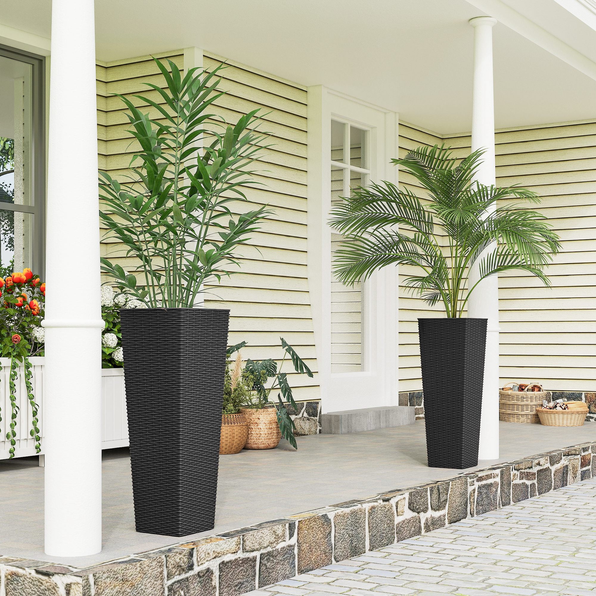 32 Inch Tall Planters for Outdoor Plants, Set of 2 Plastic Flower Pots with Drainage Holes, Black - Black - Image 2
